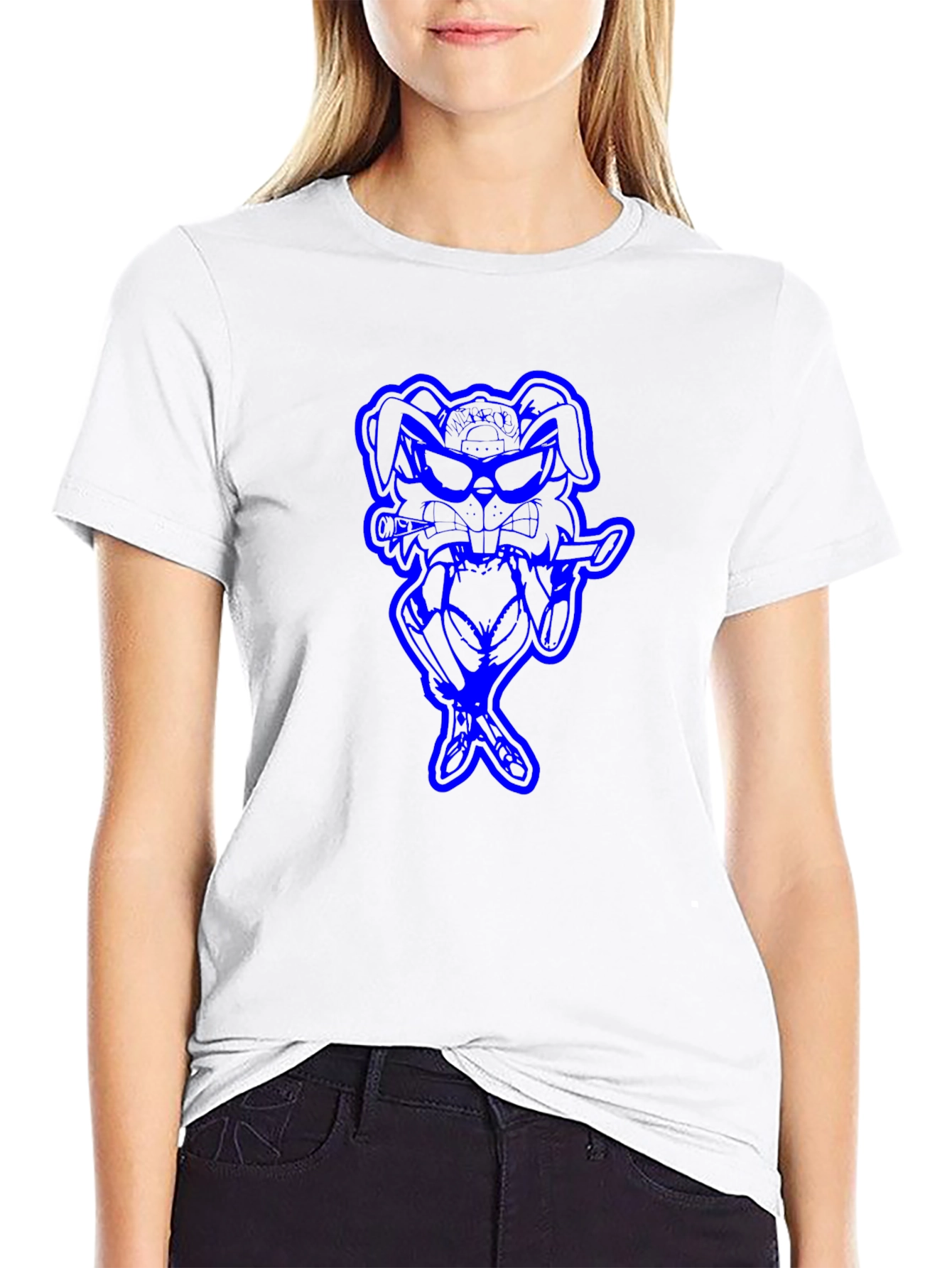Black Cool Blue Bunny Graphic Black T-Shirt view 9