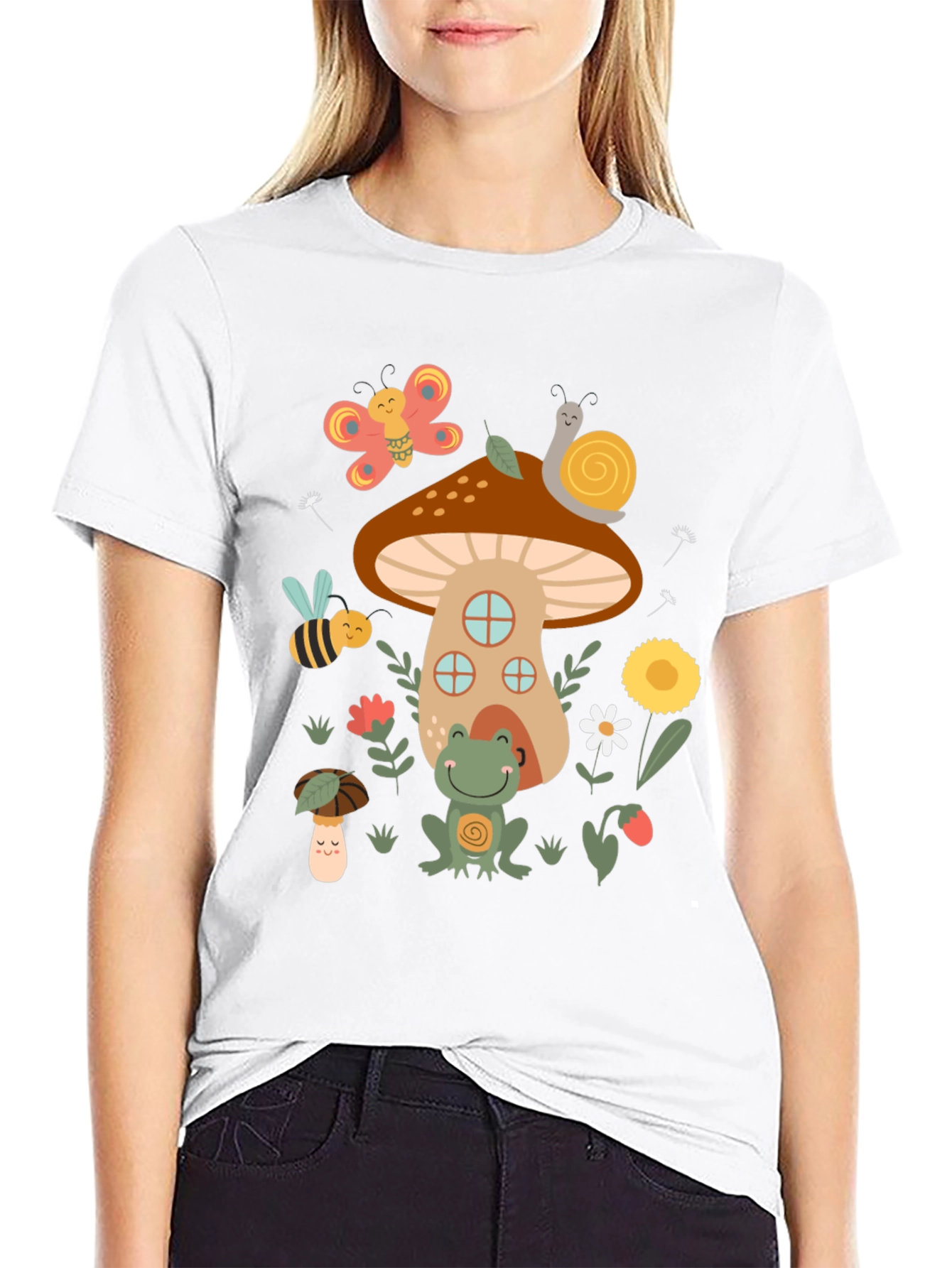 Black Cute Mushroom House Graphic T-Shirt view 9