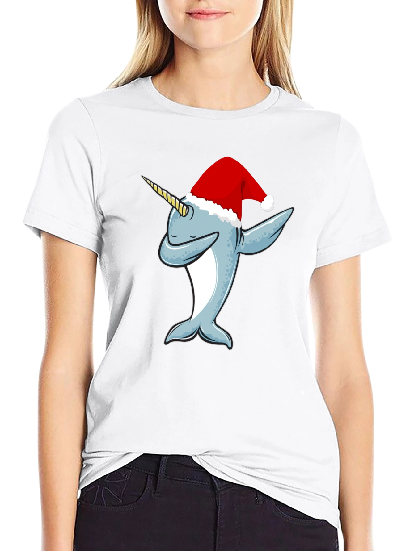 Black Dabbing Narwhal Christmas T-Shirt view 9