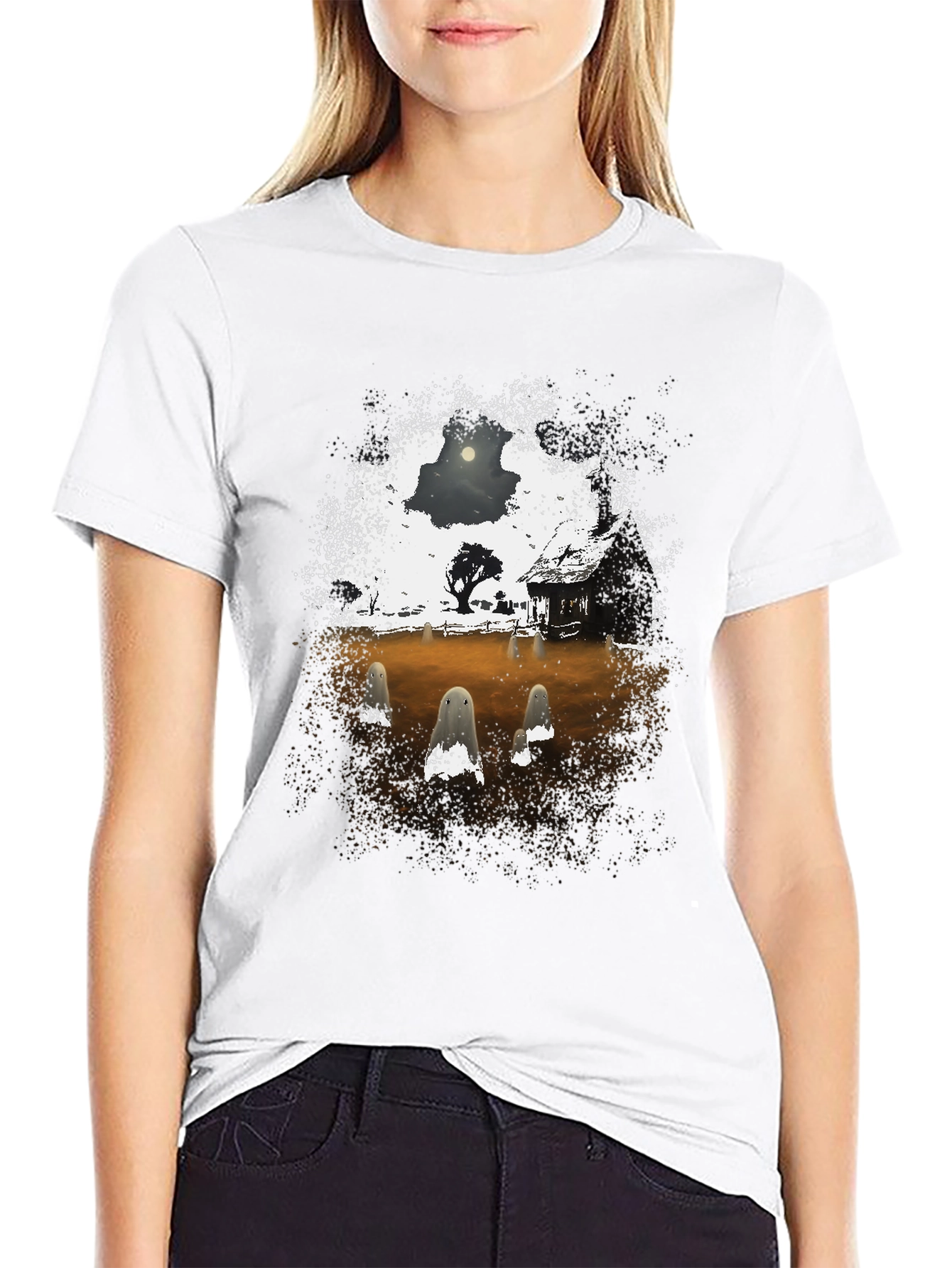 Black Spooky Ghost Scene Graphic T-Shirt view 9
