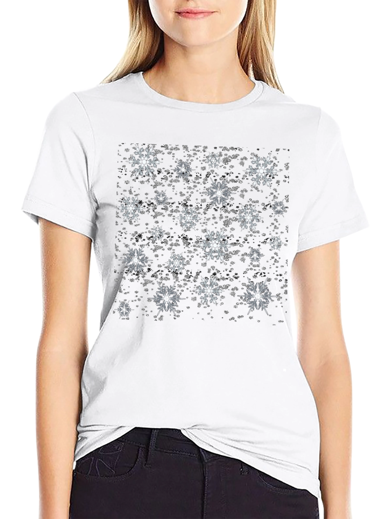 Black Snowflake Pattern Black T-Shirt view 9
