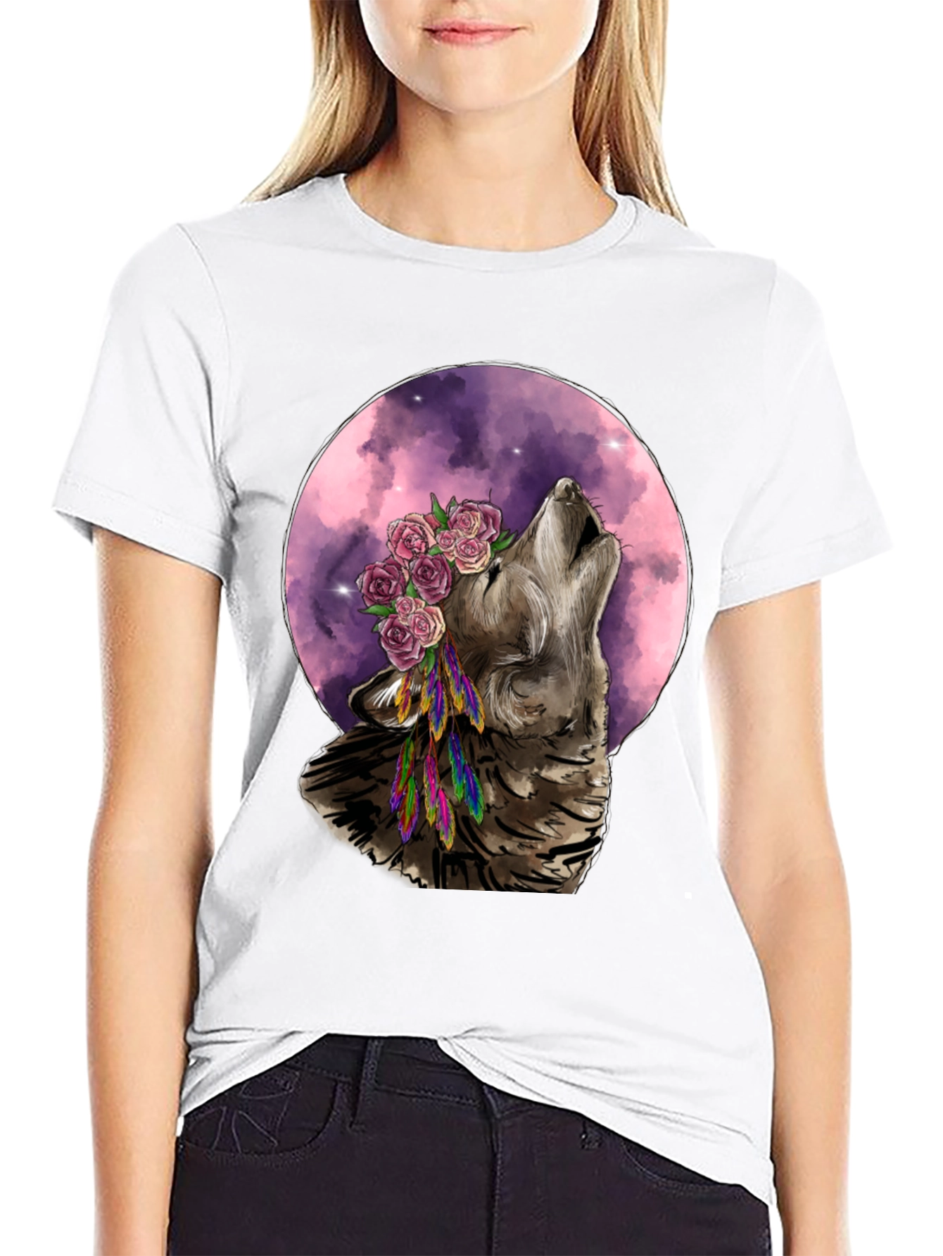 Black Wolf Moon Flower Crown T-Shirt - Nature Inspired Graphic Tee view 9