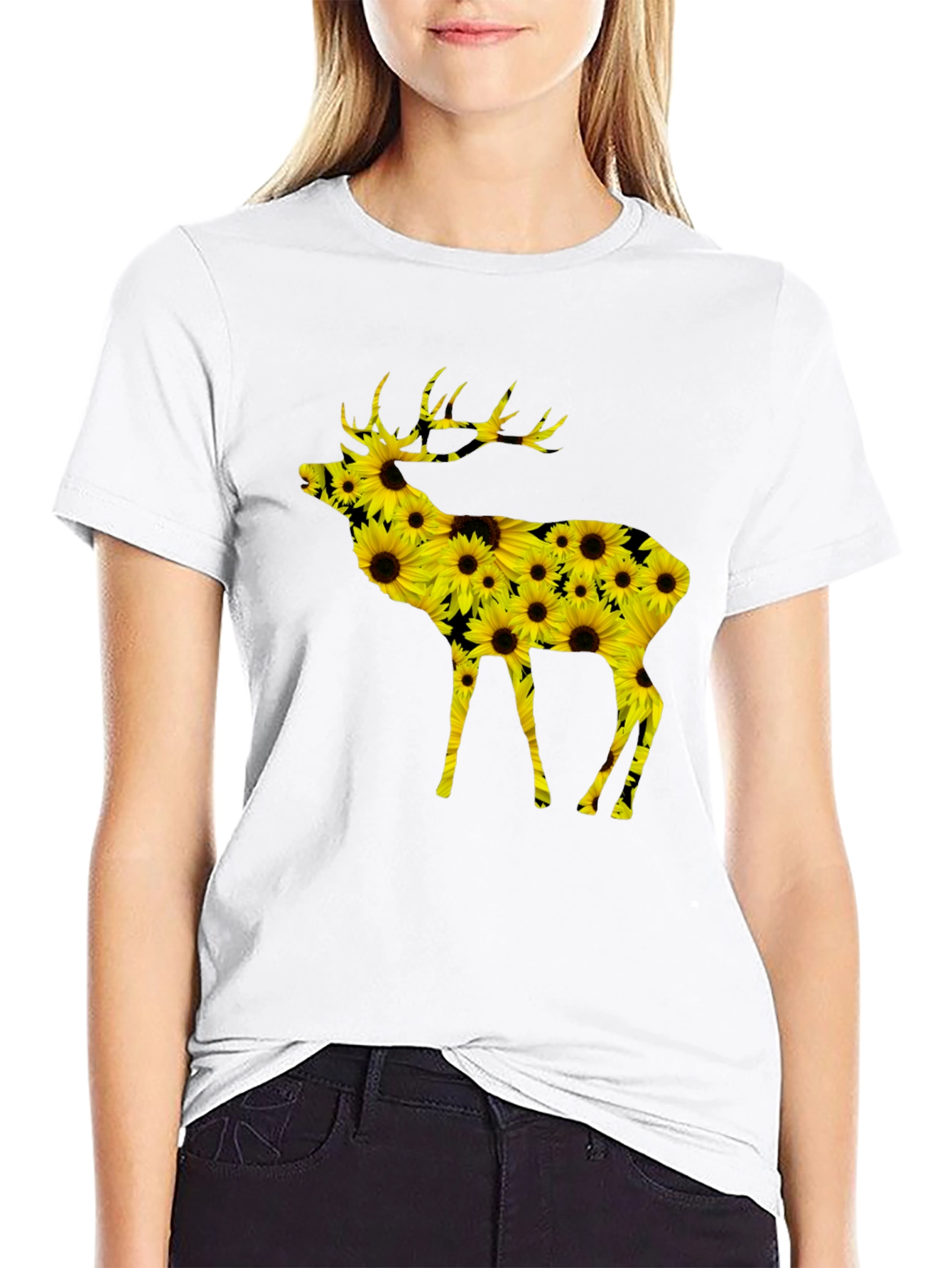 Black Sunflower Deer Graphic Tee - Black view 9