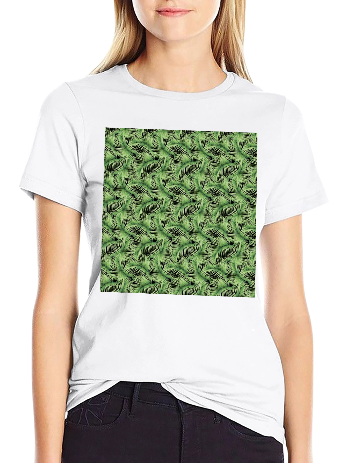 Black Tropical Green Leaf Print Black T-Shirt view 9
