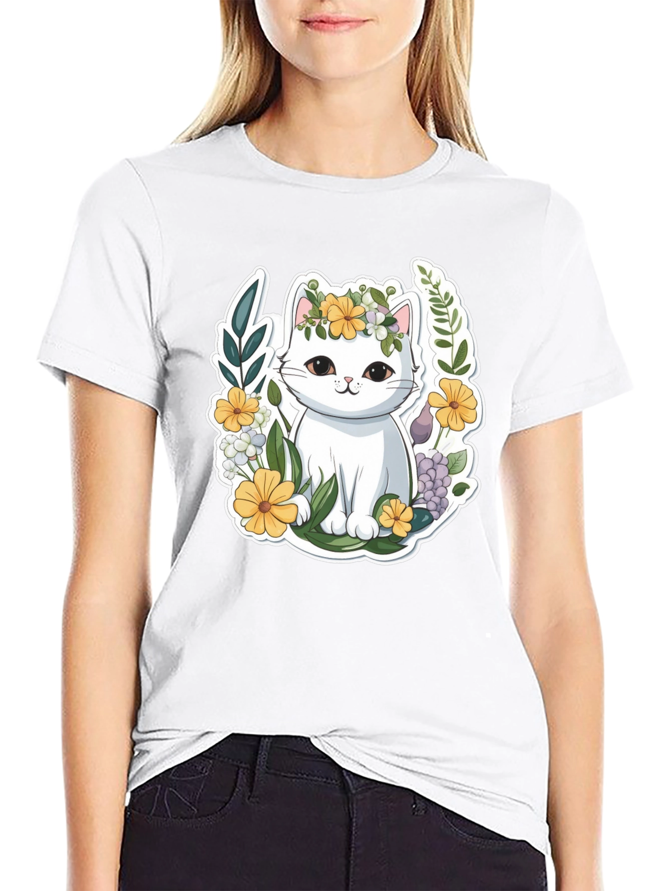 Black Cute Cat Floral Wreath Graphic Tee view 9