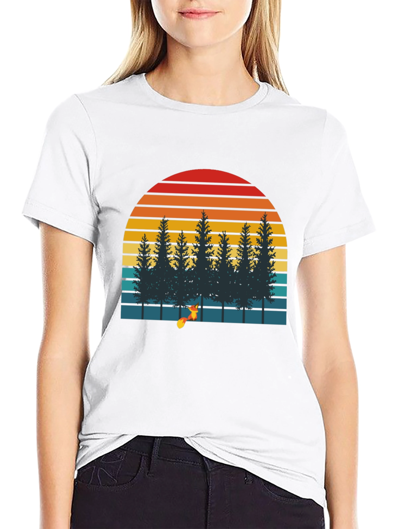 Black Retro Sunset Forest Fox Graphic T-Shirt view 9