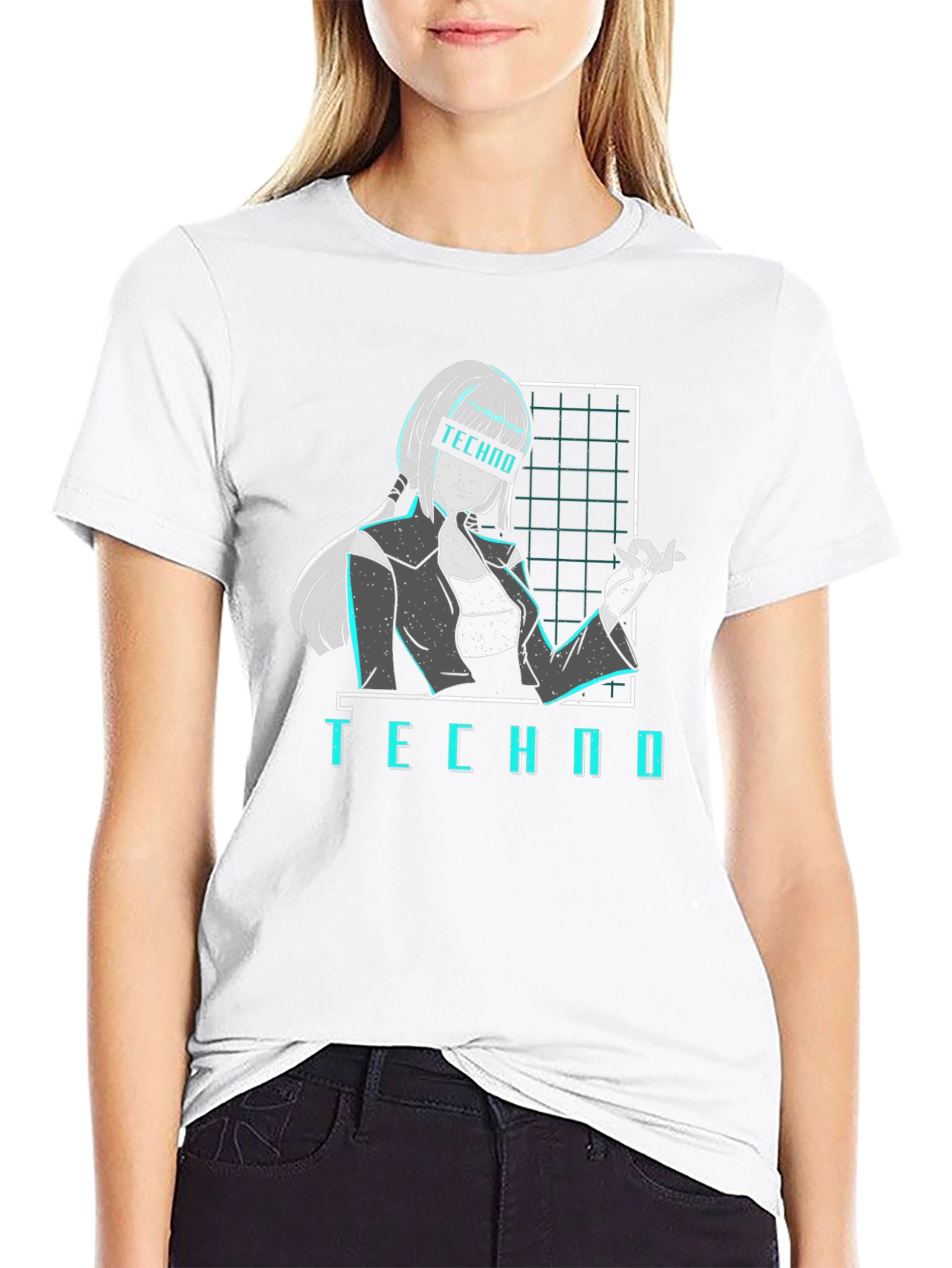 Black Techno Anime Girl T-Shirt - Cyberpunk Aesthetic Black Tee view 9