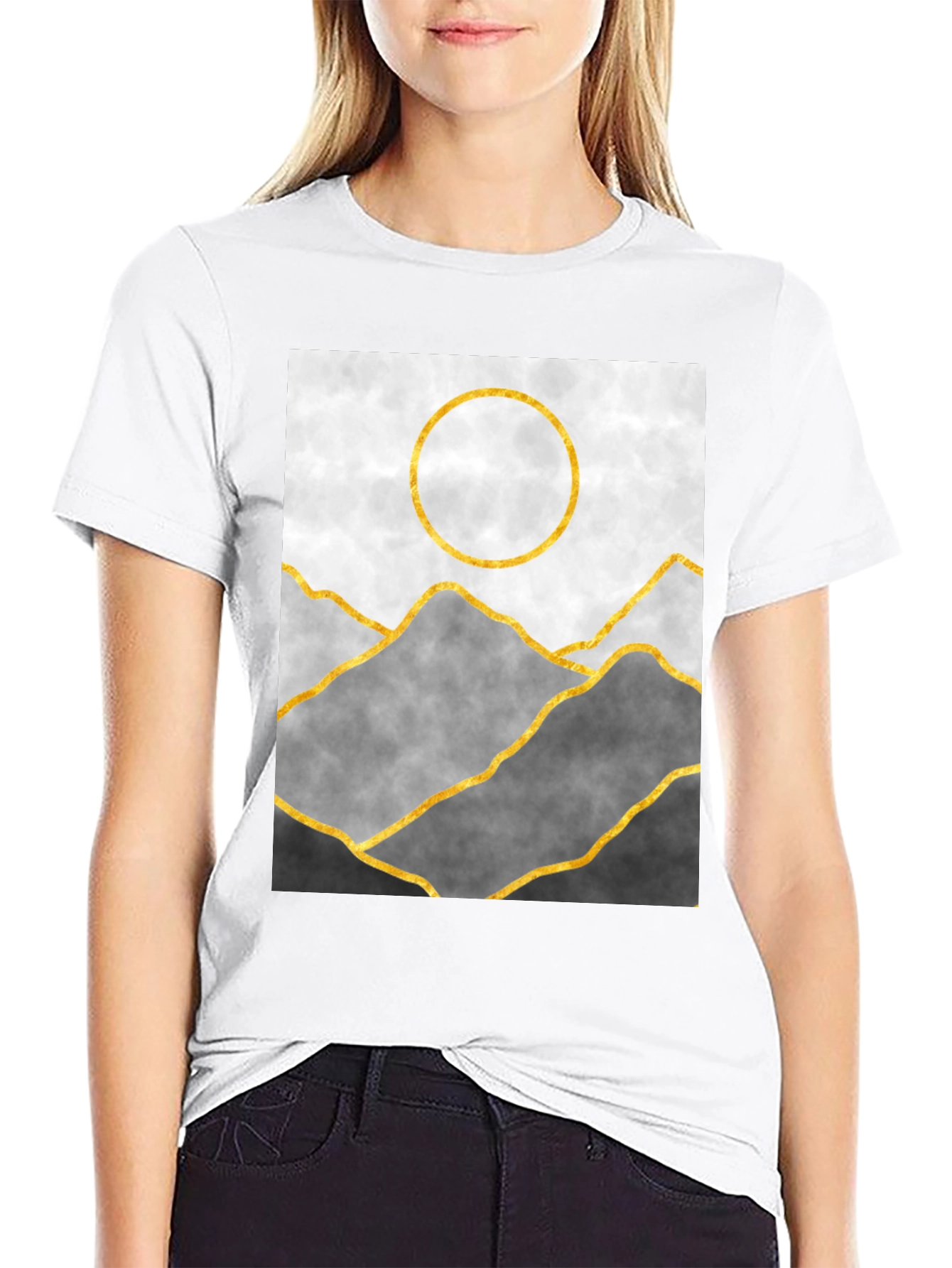 Black Abstract Mountain Gold Line Art Graphic Tee view 9
