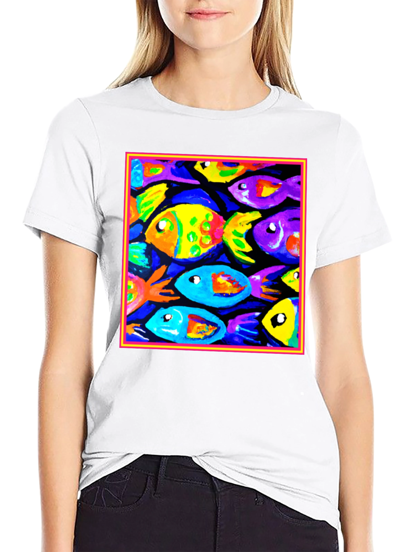 Black Colorful Fish Art Graphic T-Shirt view 9