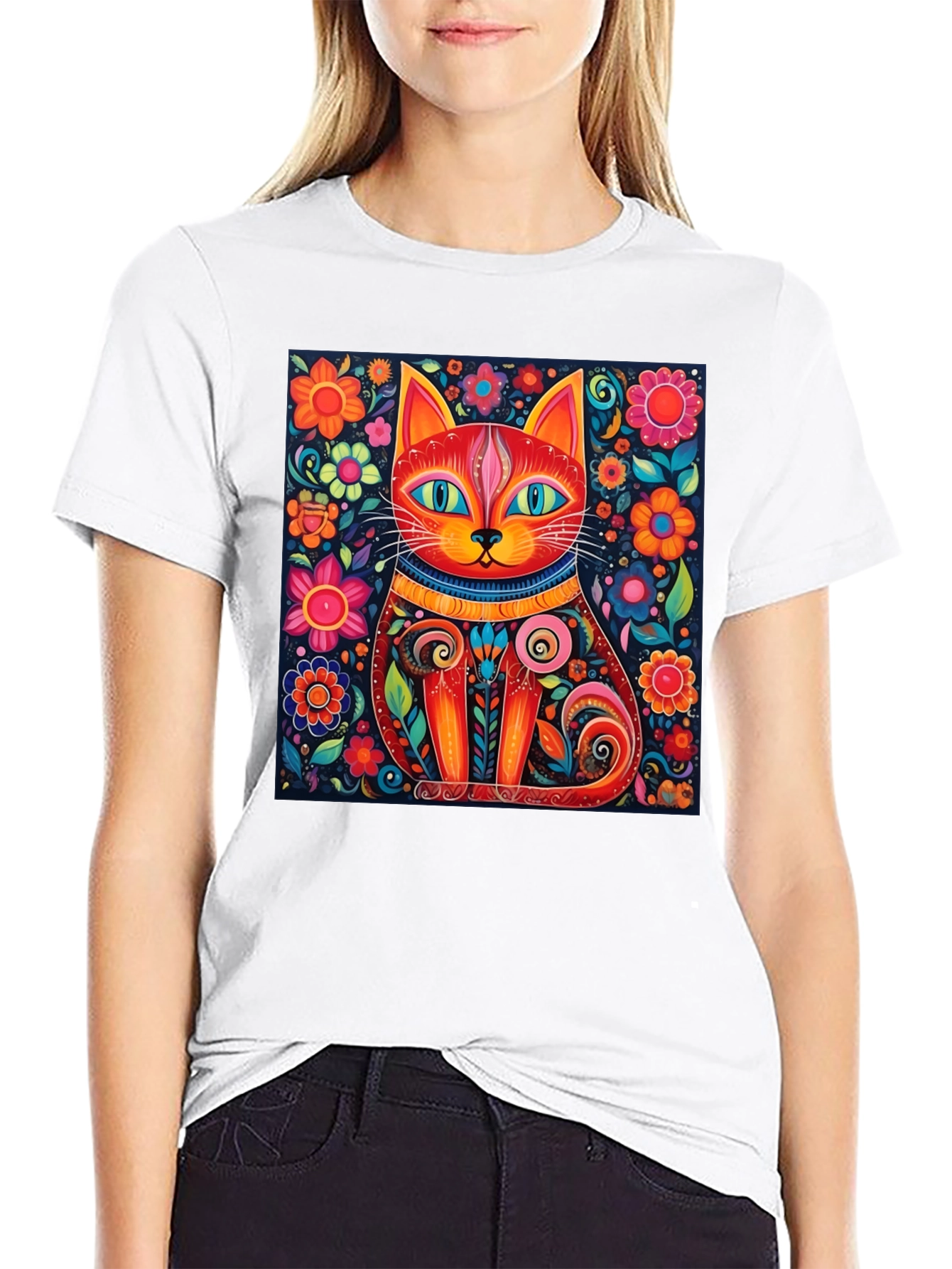 Black Colorful Cat Art T-Shirt - Whimsical Floral Feline Design view 9