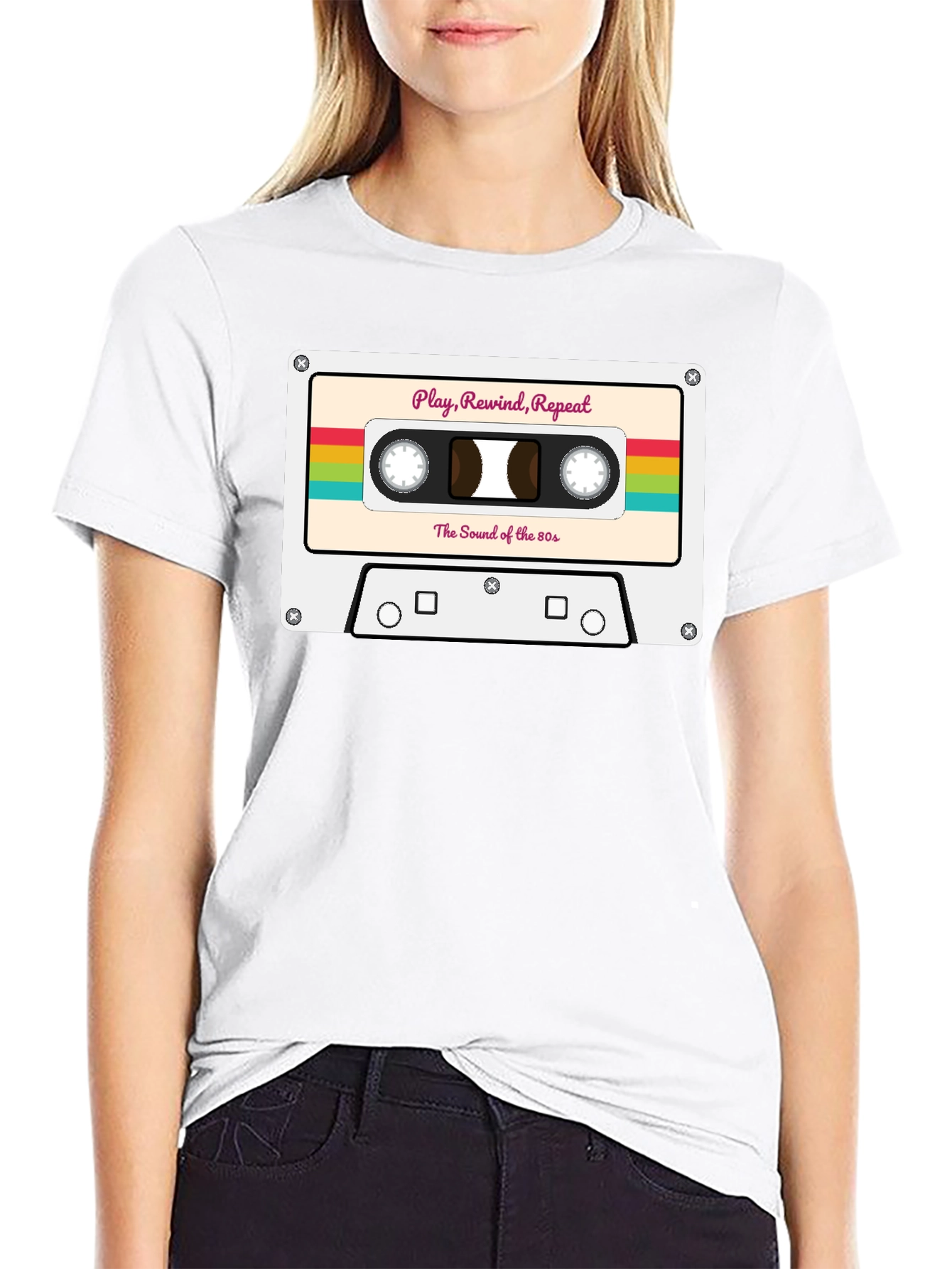 Black Retro 80s Cassette Tape Graphic Tee - Play Rewind Repeat view 9