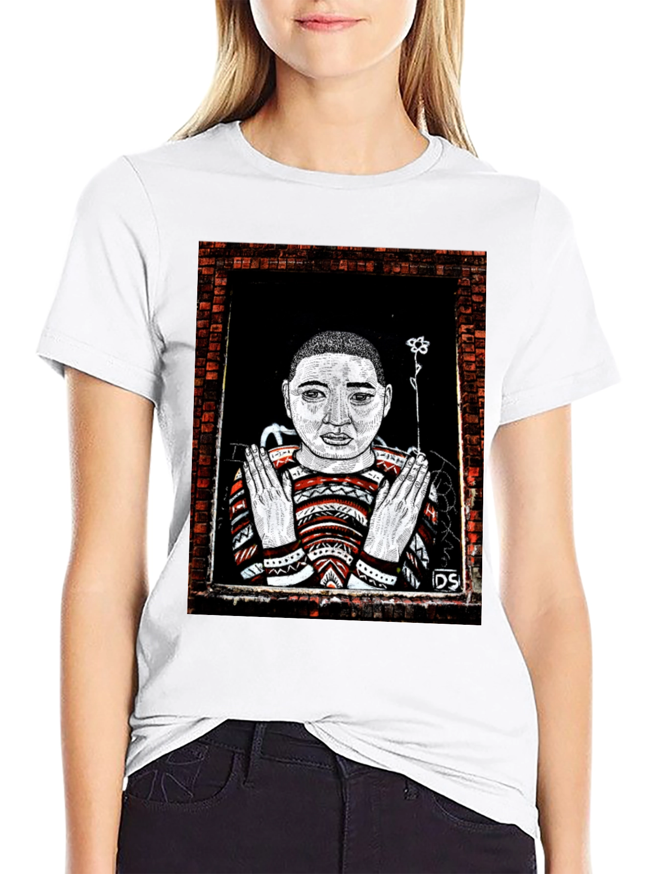 Black Unique Graphic Print Tee - Artistic Portrait Design view 9