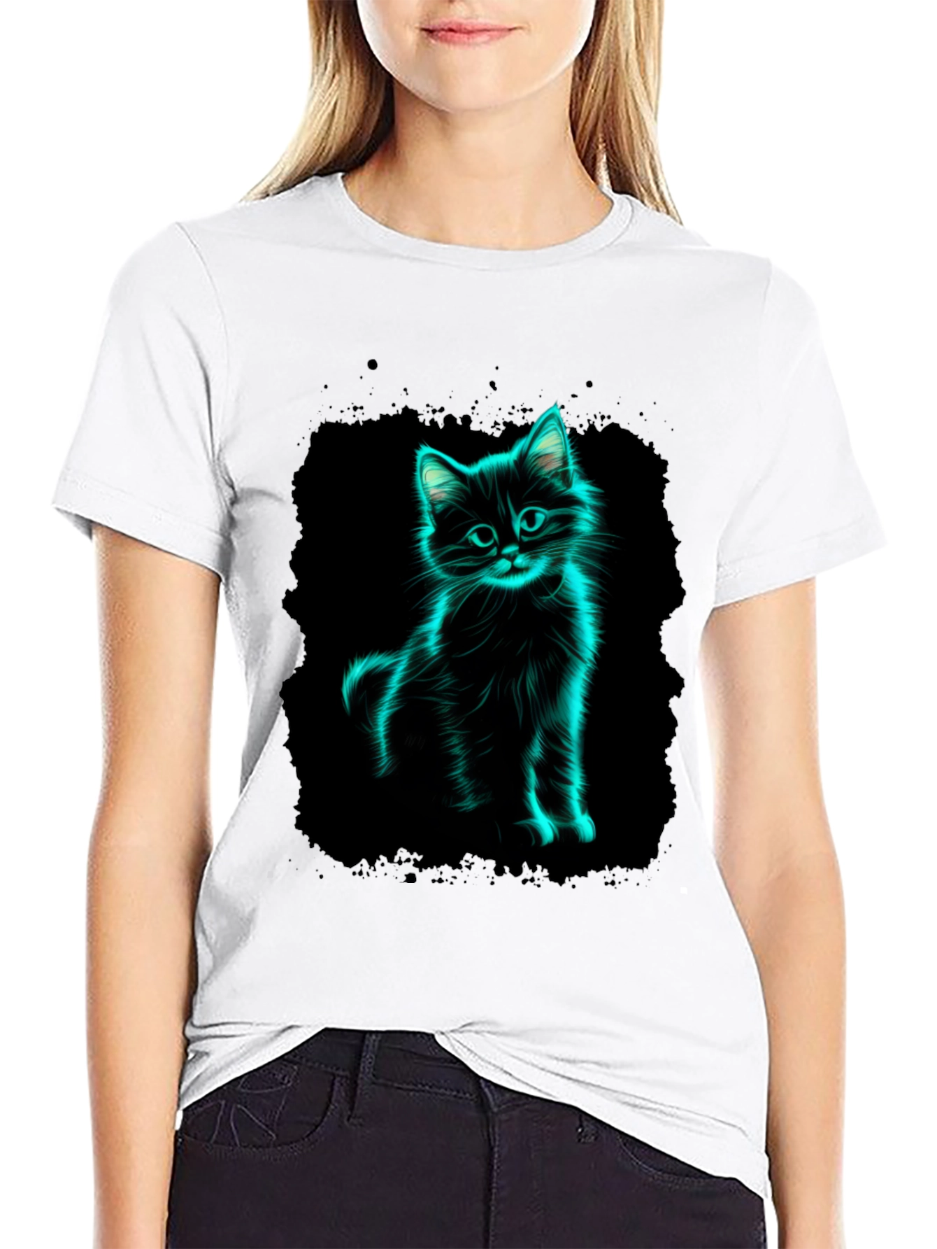 Black Neon Cat Graphic Black T-Shirt view 9