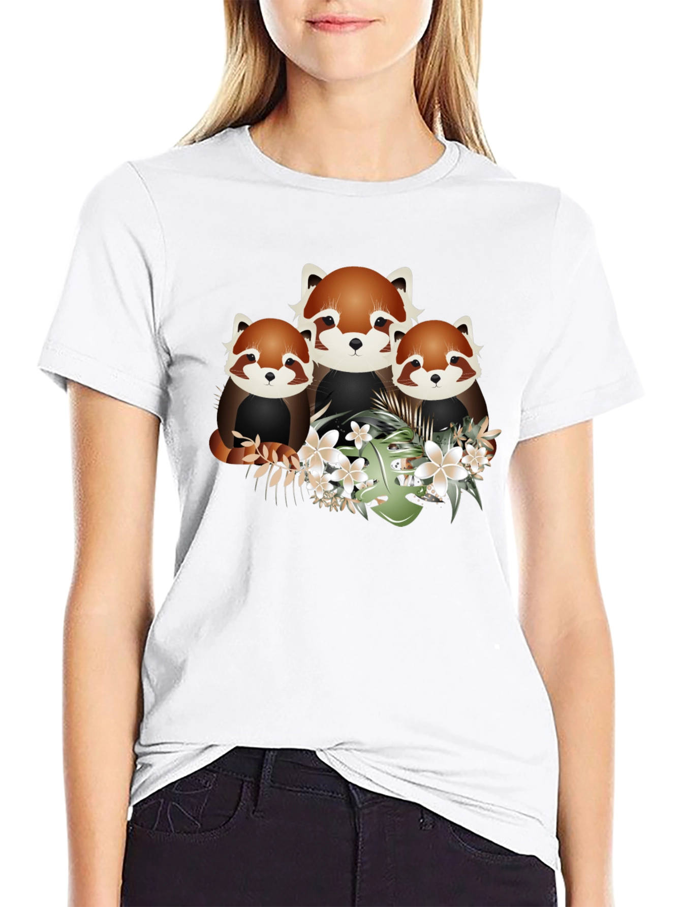 Black Red Panda Floral Graphic Black T-Shirt view 9