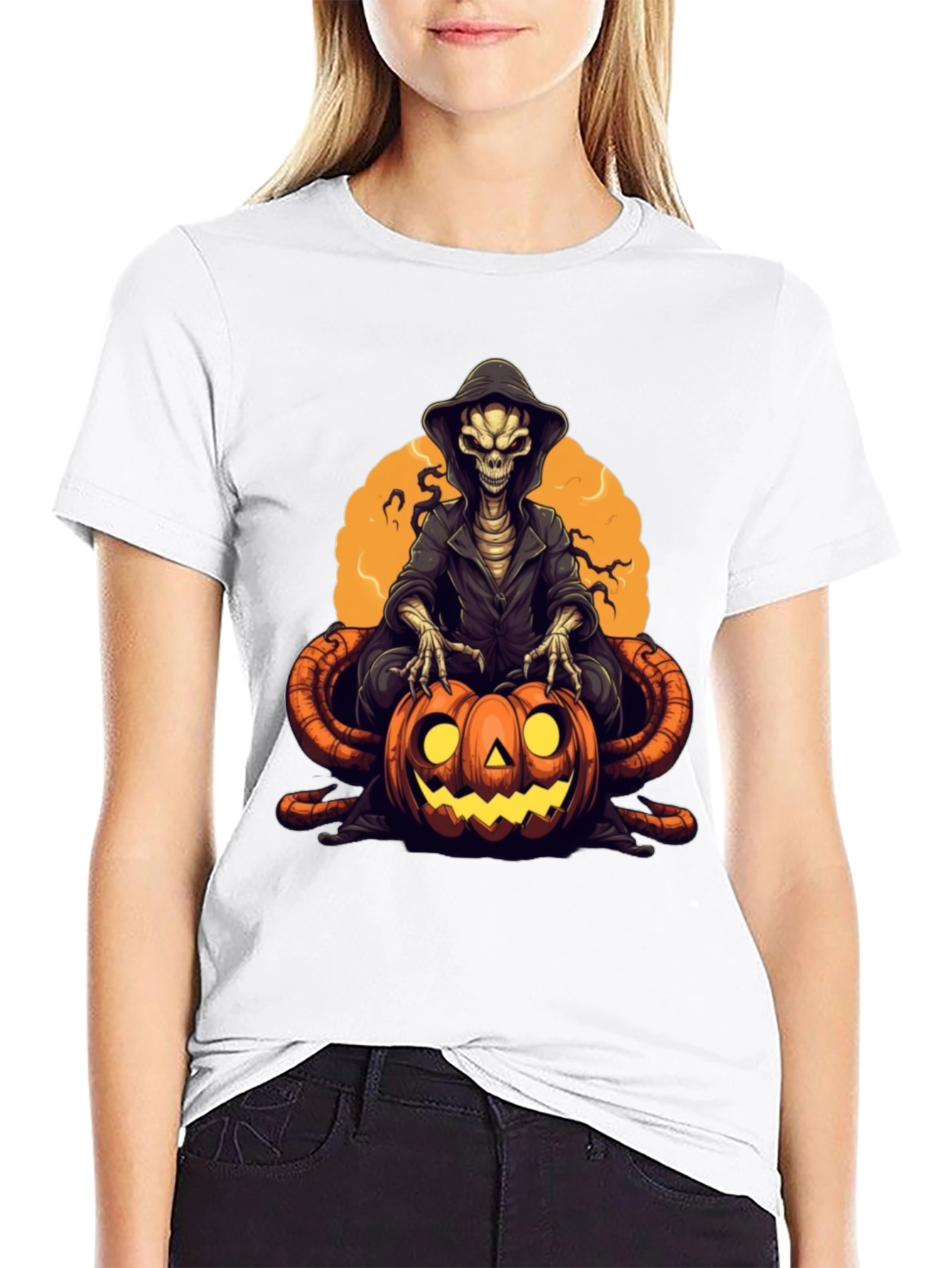 Black Grim Reaper Pumpkin Graphic Tee - Halloween Style view 9