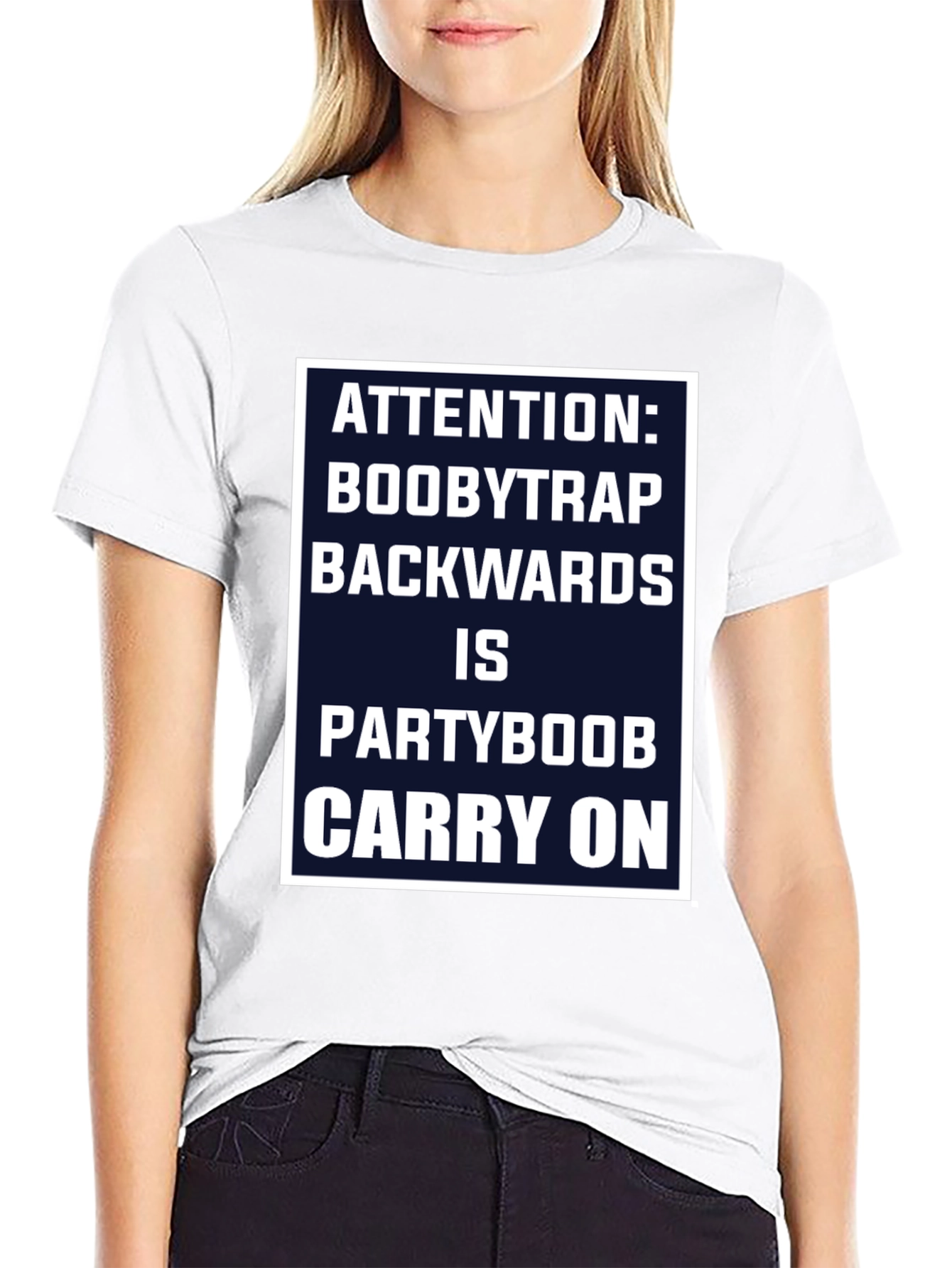 Black Attention Boobytrap Partyboob Funny T-Shirt view 9