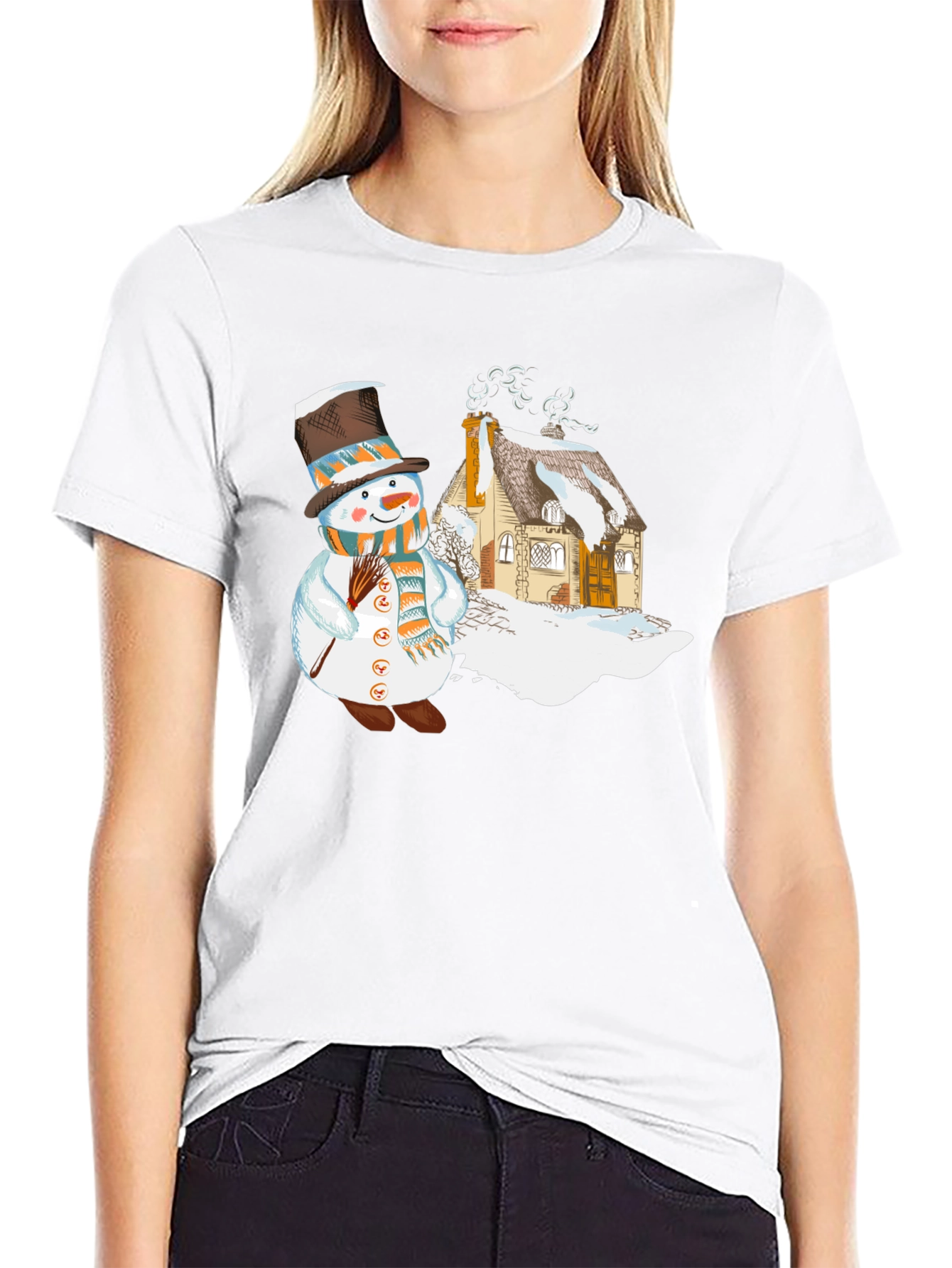 Black Snowman & Cottage Graphic T-Shirt view 9