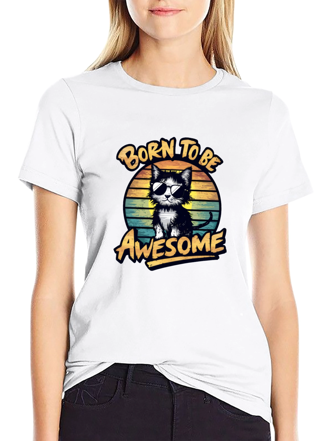 Black Born to be Awesome Cat Graphic Tee view 9