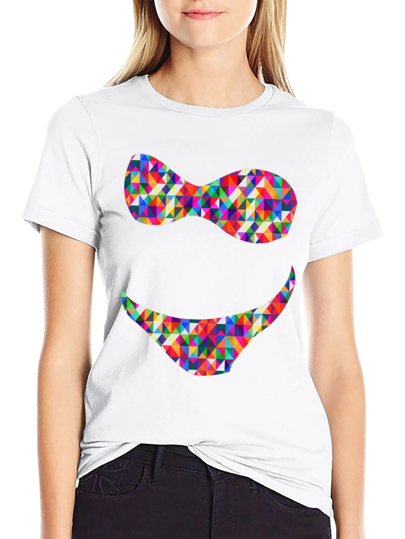 Black Colorful Triangle Smile Graphic Tee - Soft Cotton Blend view 9