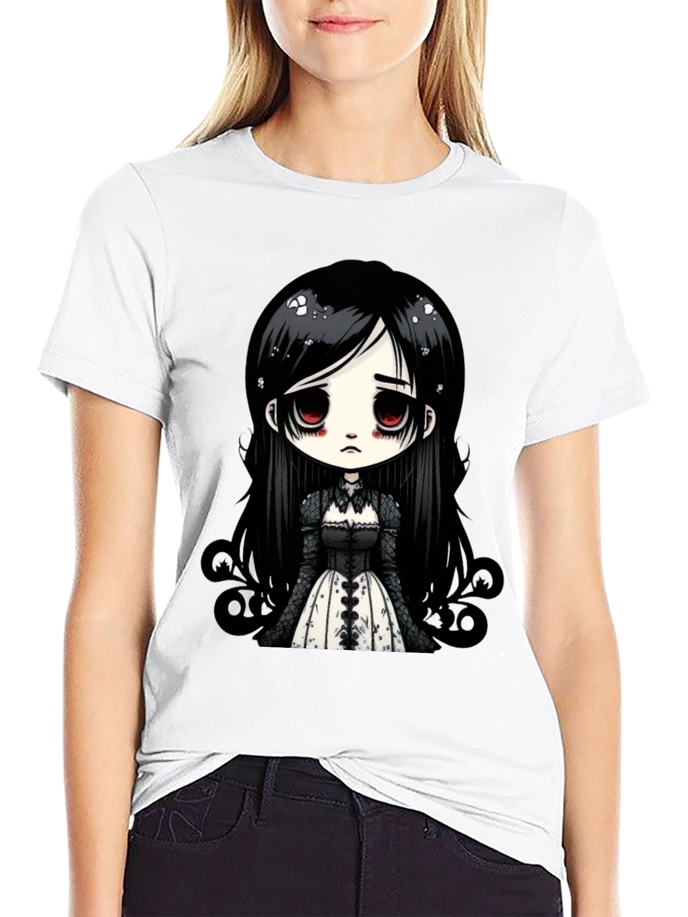 Black Gothic Doll T-Shirt - Emo Anime Style Black Tee view 9