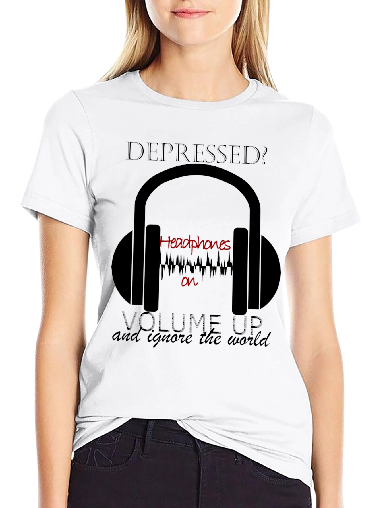 Black Depressed? Headphones T-Shirt - Ignore the World view 9