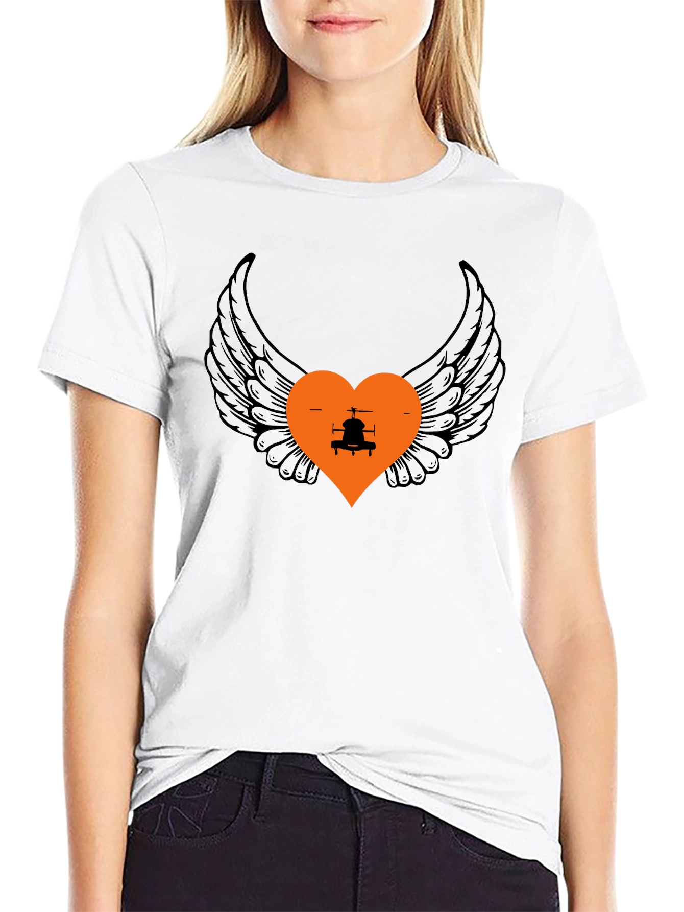 Black Wings and Heart Helicopter Graphic Tee view 9