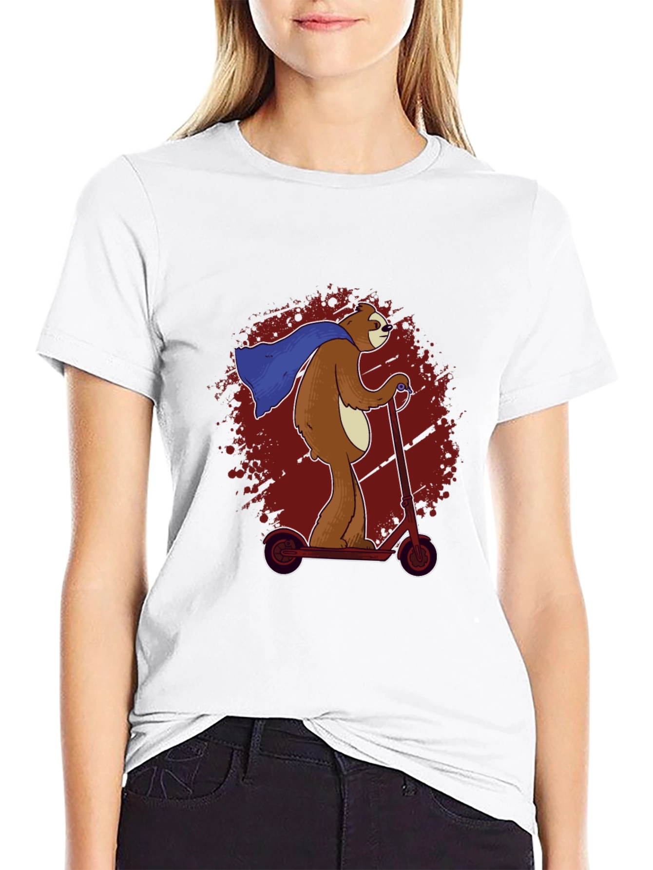 Black Superhero Sloth Scooter T-Shirt -  Funny Sloth Cape Design view 9
