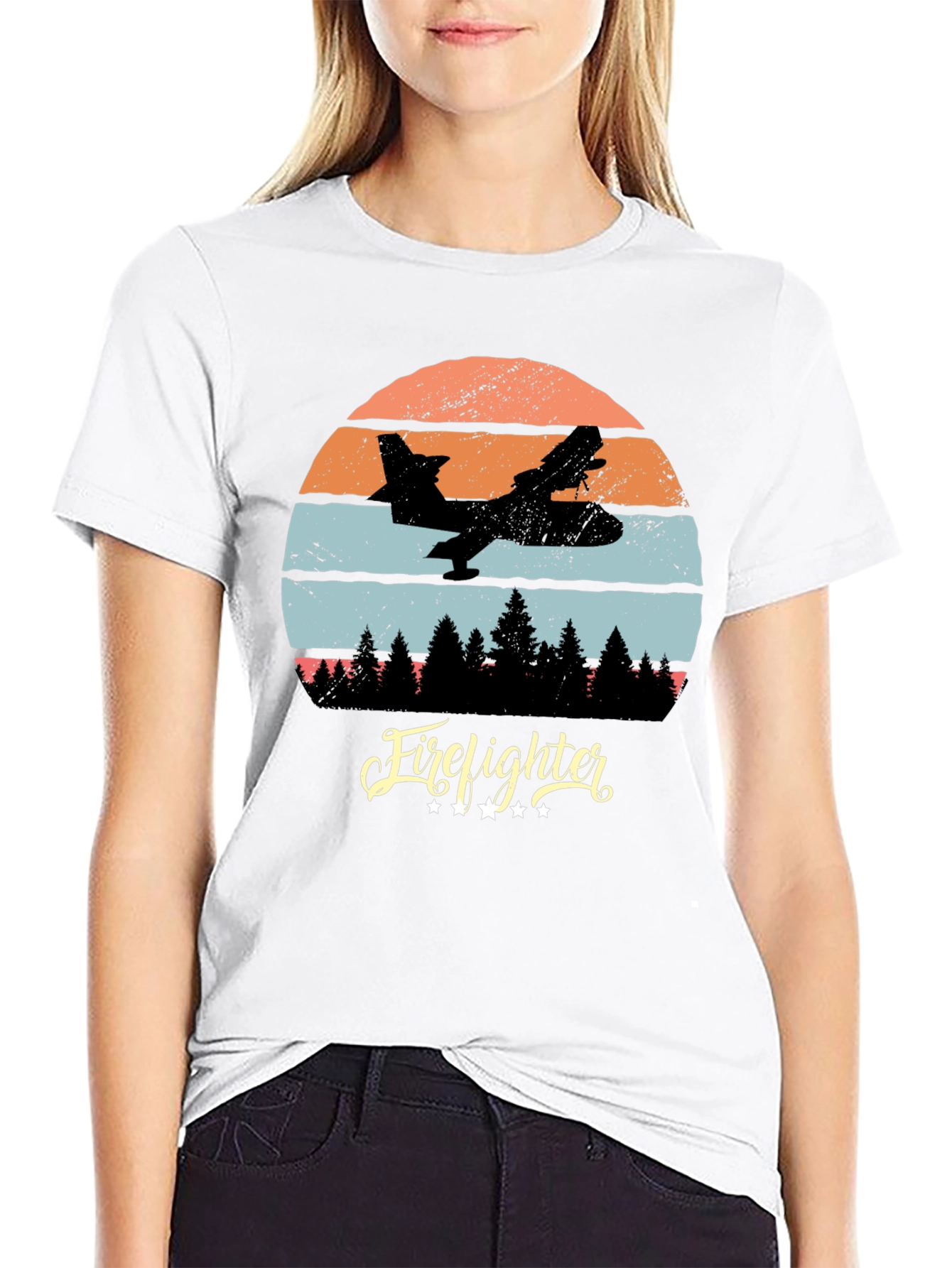 Black Firefighter Plane Retro T-Shirt view 9
