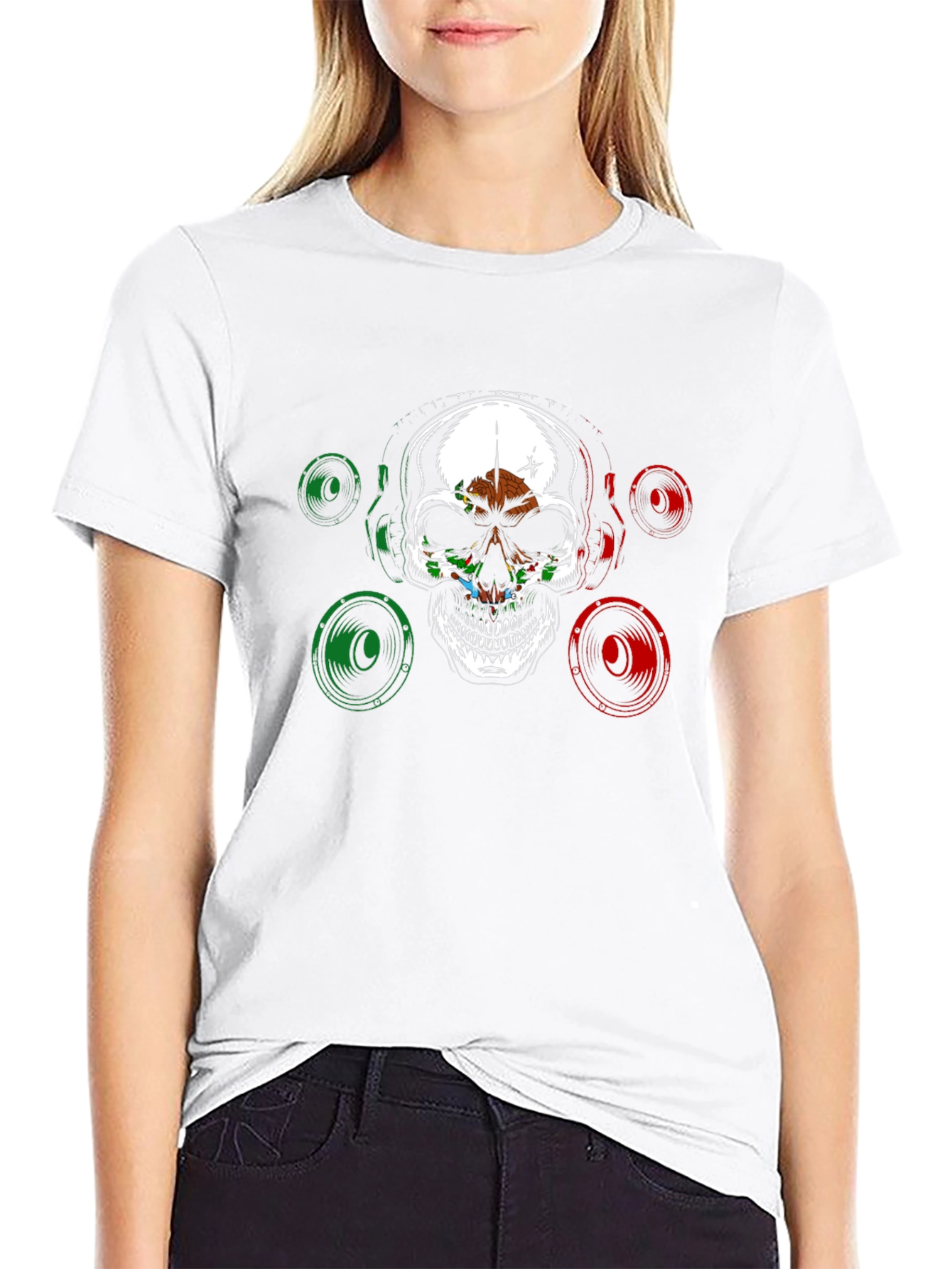 Black Skull & Speaker Graphic Tee - Mexican Flag Design view 9