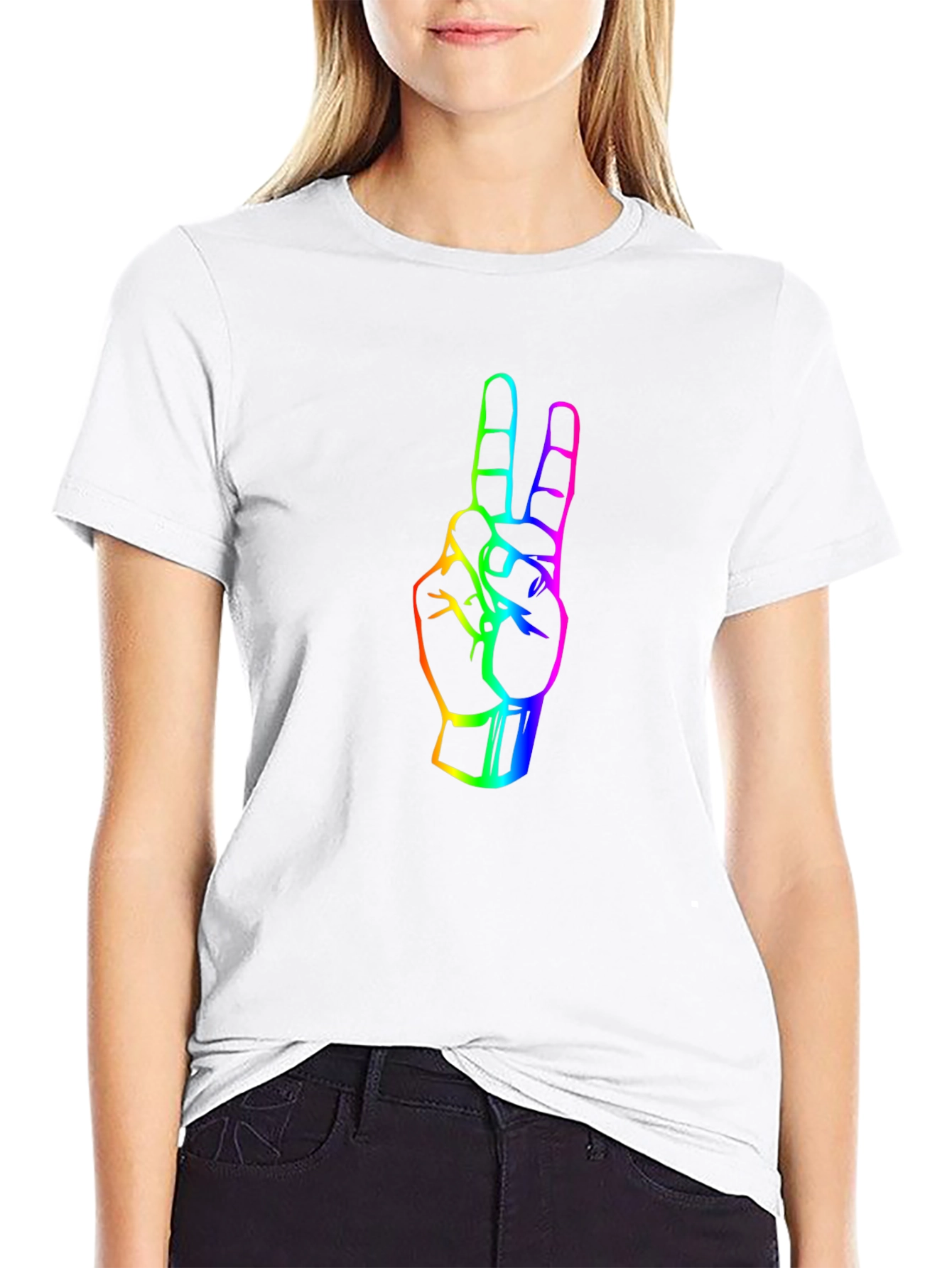 Black Rainbow Peace Sign Graphic Tee - Black Cotton T-Shirt view 9