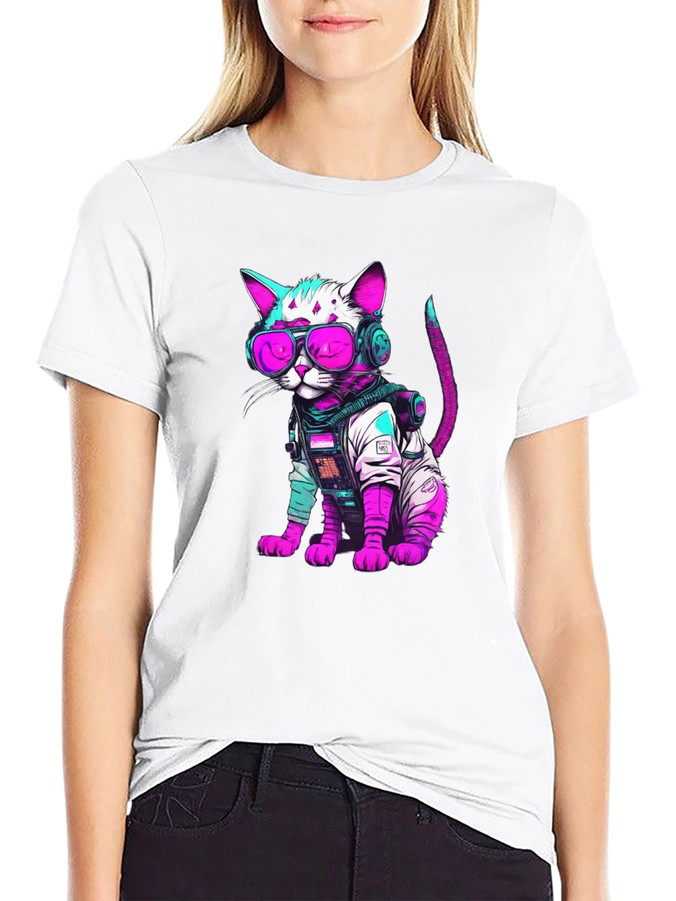 Black Cyberpunk Cat T-Shirt - Futuristic Feline Fashion view 9