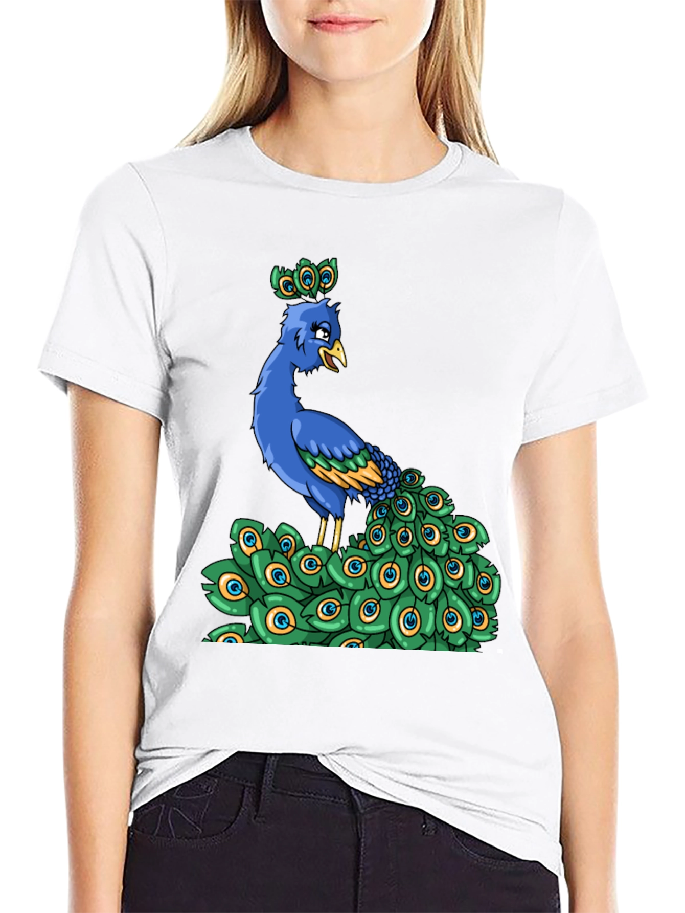 Black Peacock Cartoon Graphic Tee view 9