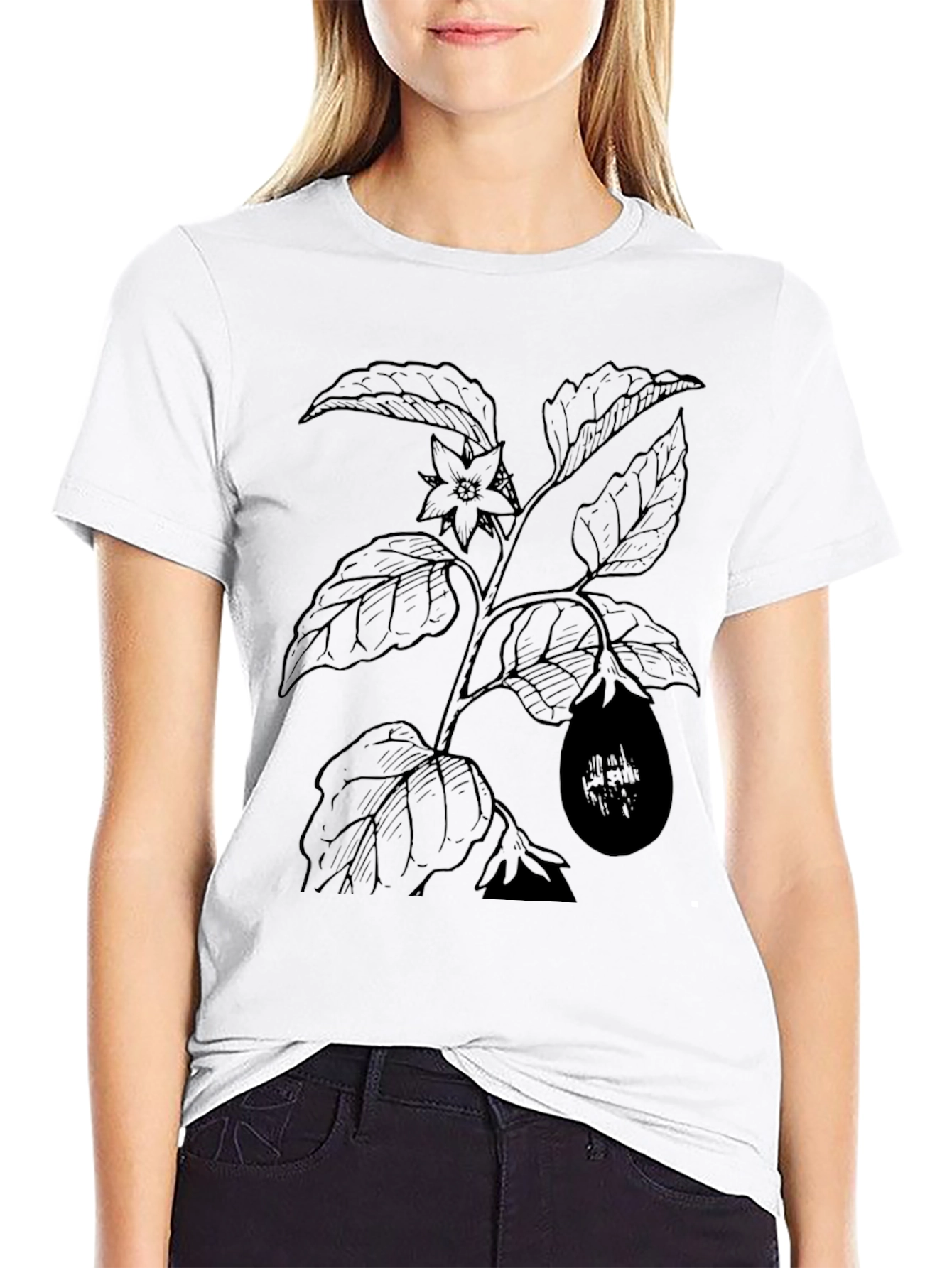 Botanical Eggplant Print Black T-Shirt - 9