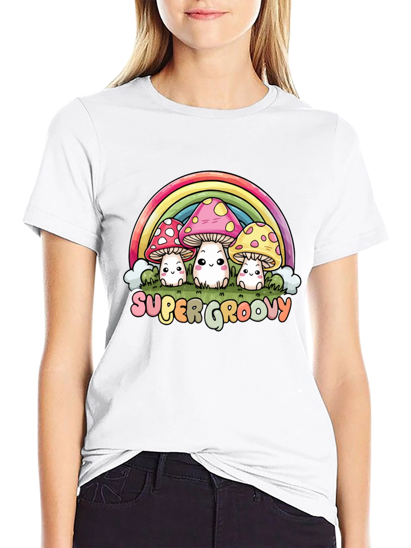 Black Super Groovy Mushroom Rainbow Graphic Tee view 9