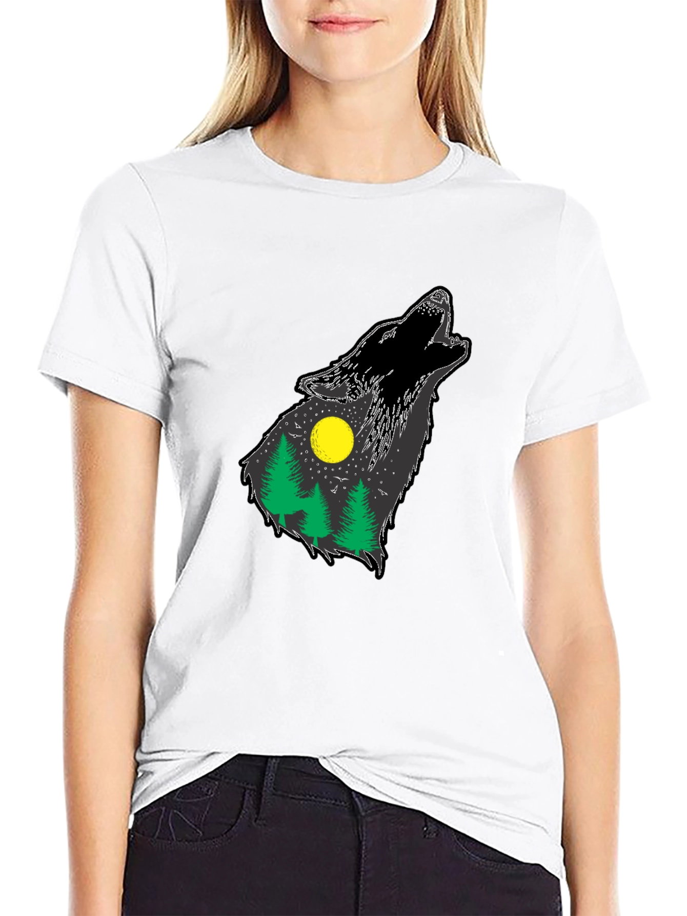 Black Wolf Howling Forest T-Shirt - Black view 9