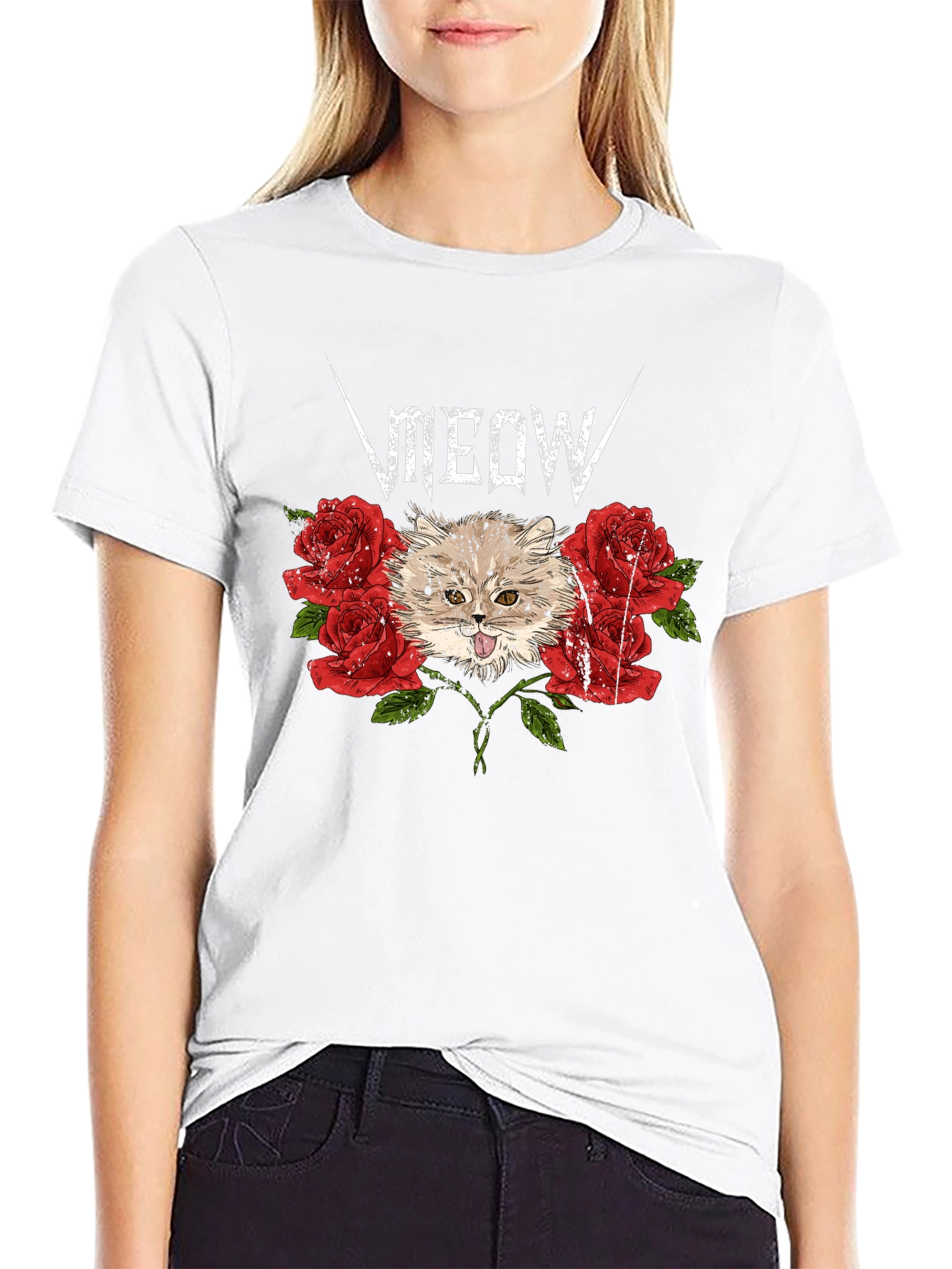 Black Meow Heavy Metal Cat & Roses Black T-Shirt view 9