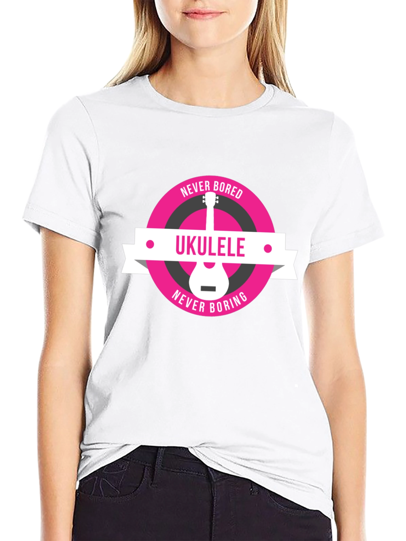 Black Ukulele Never Bored T-Shirt - Music Lover Tee view 9