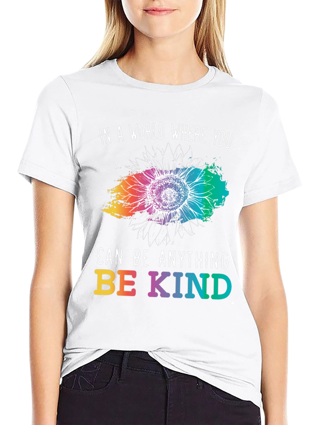 Black Be Kind T-Shirt - Rainbow Sunflower Design view 9