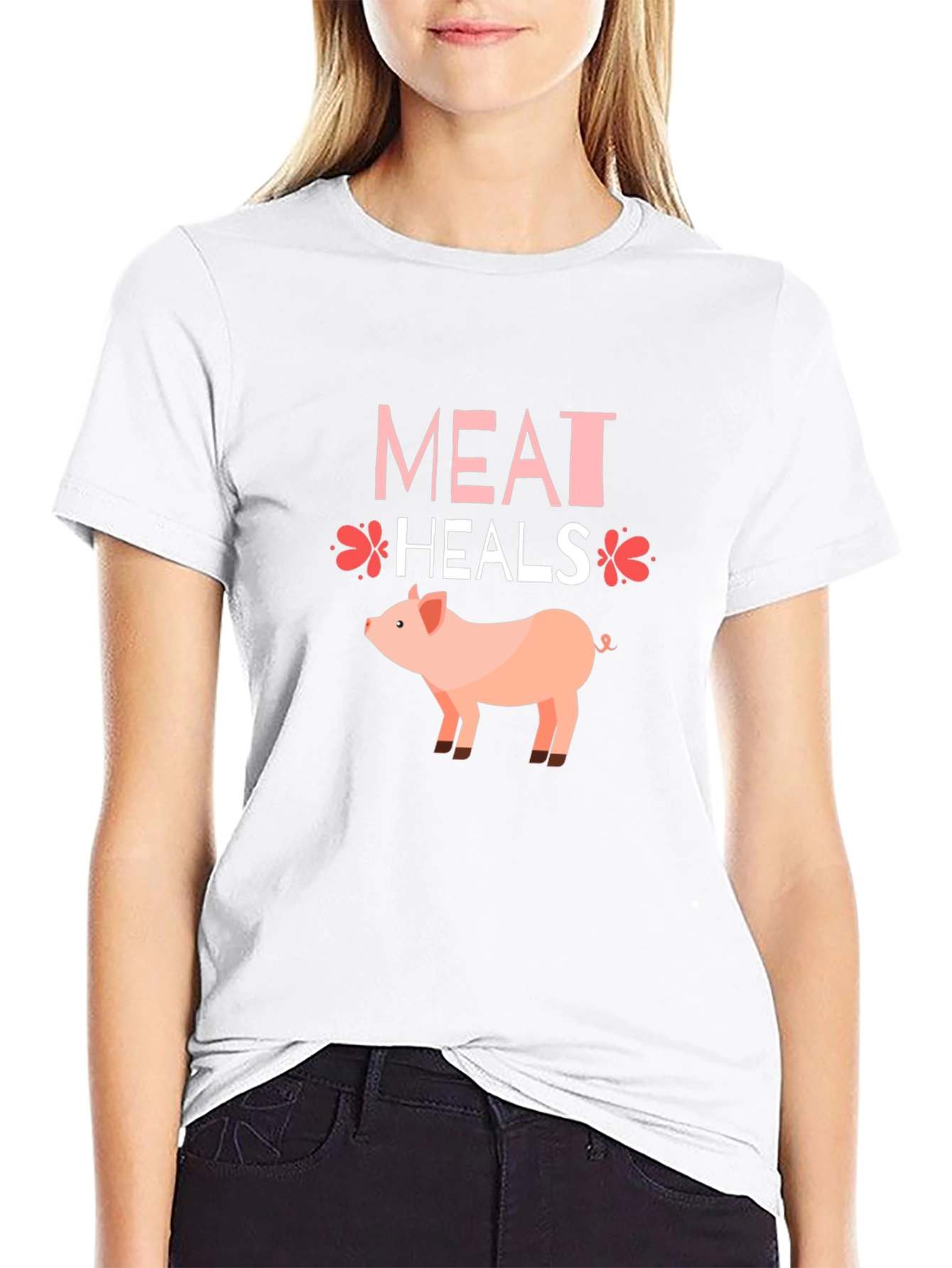 Black Meat Heals Pig Graphic T-Shirt, Black Tee view 9