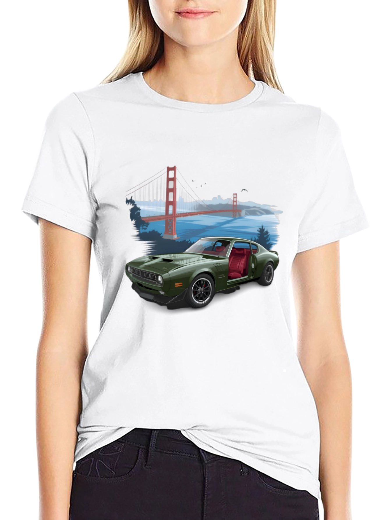 Black Retro Car & Bridge T-Shirt - Unique Graphic Tee view 9
