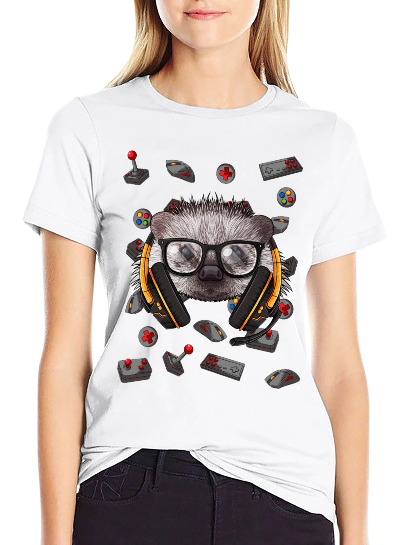 Black Gamer Hedgehog Graphic Tee - Black Cotton T-Shirt view 9