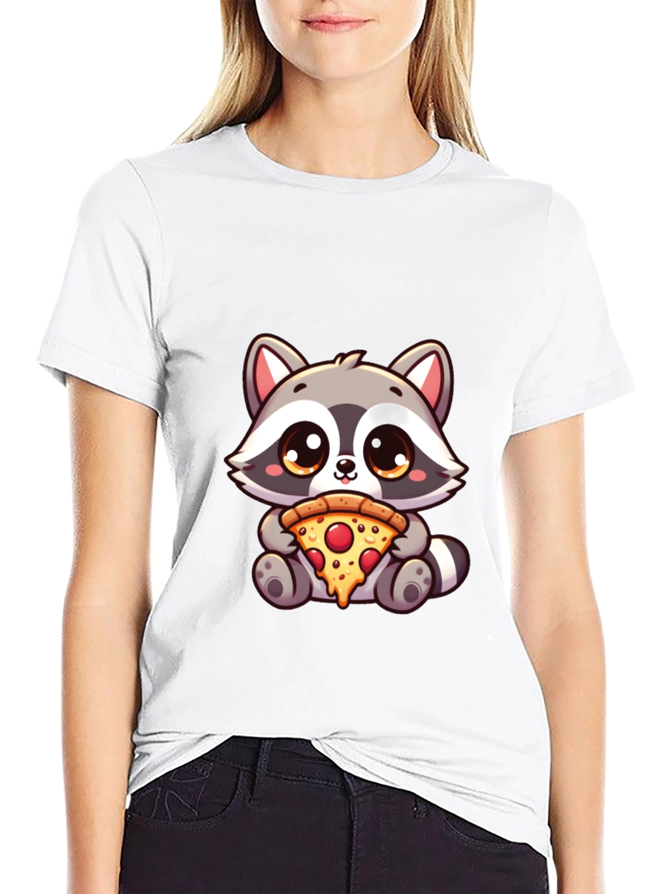 Black Cute Raccoon Pizza T-Shirt - Unisex Graphic Tee view 9