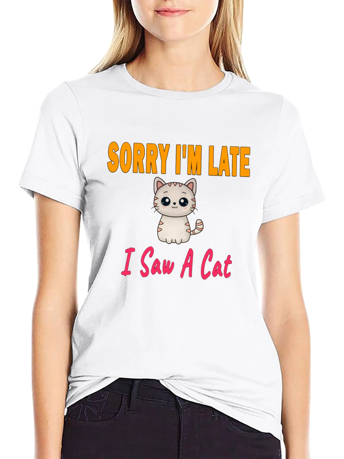 Black Funny Cat T-Shirt - Sorry I'm Late view 9