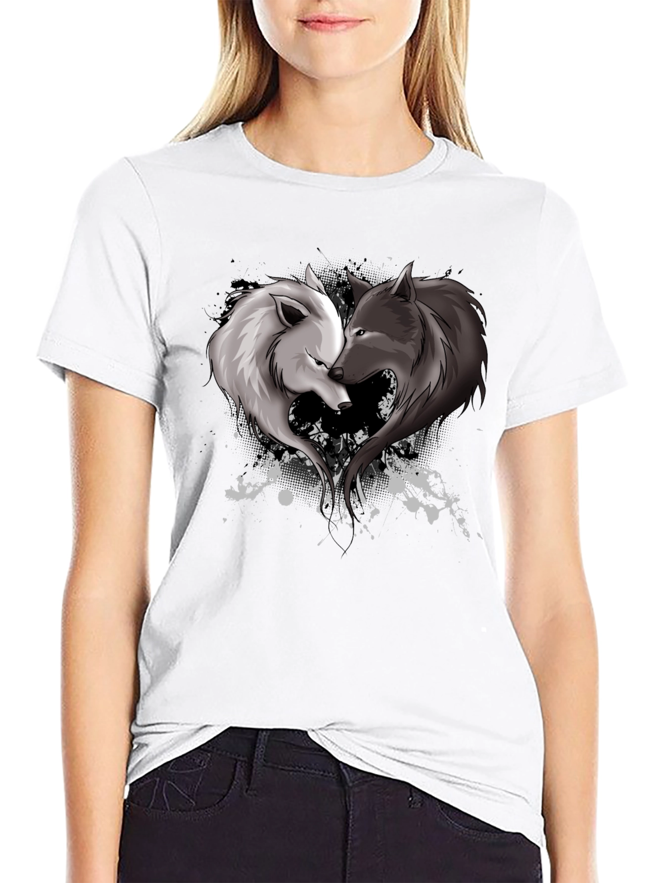 Black Yin Yang Wolves Heart Graphic T-Shirt view 9