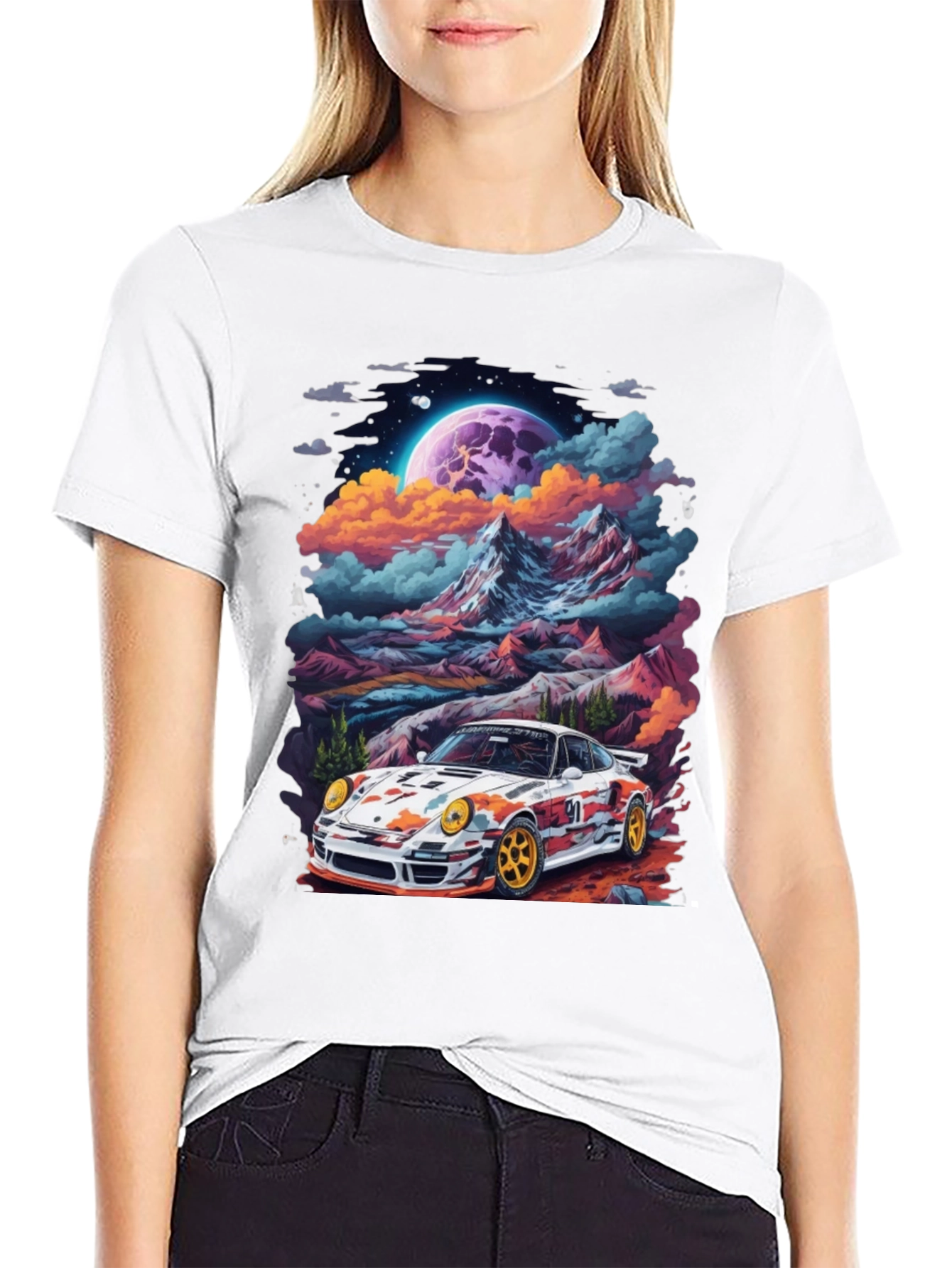 Black Retro Racer T-Shirt: Car & Mountain Design view 9