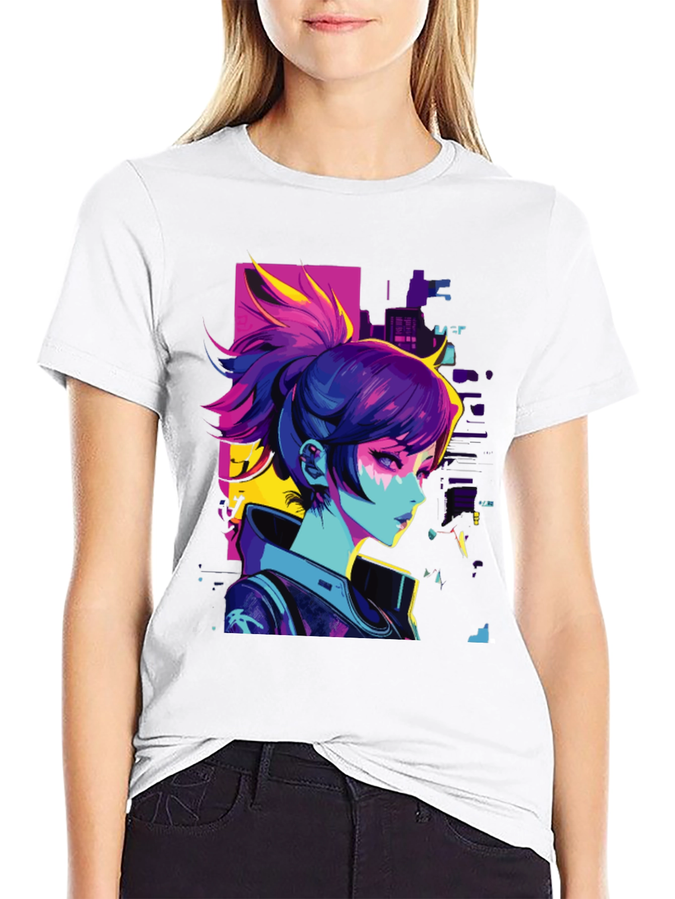 Black Cyberpunk Anime Girl Graphic Black T-Shirt view 9