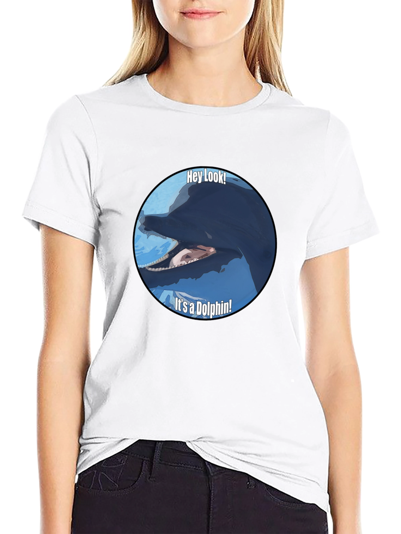 Black Funny Dolphin Graphic Print T-Shirt - Black view 9