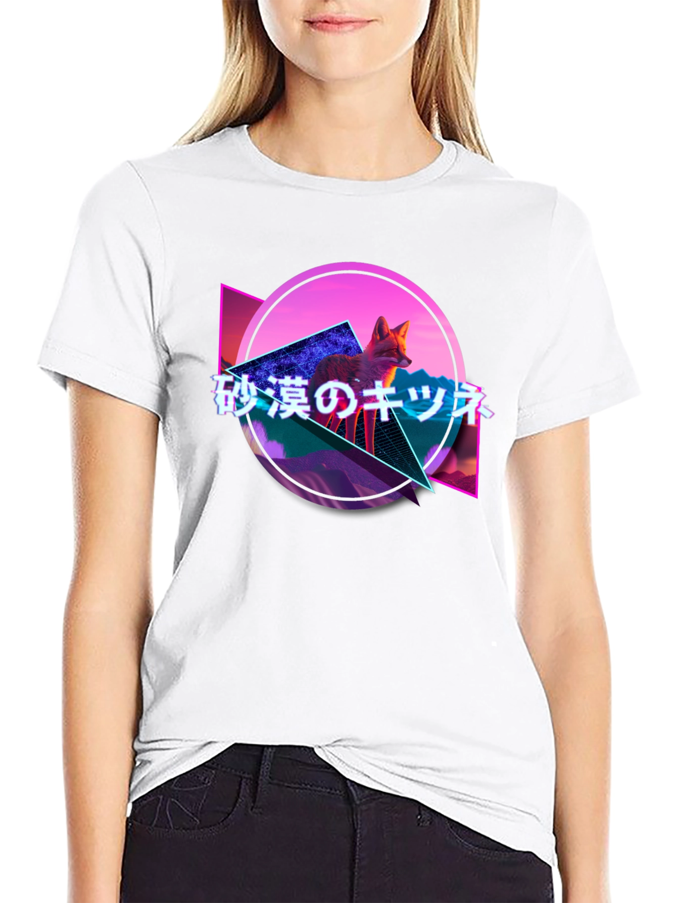 Black Retro Fox Graphic Tee - Japanese Text, Synthwave Design view 9