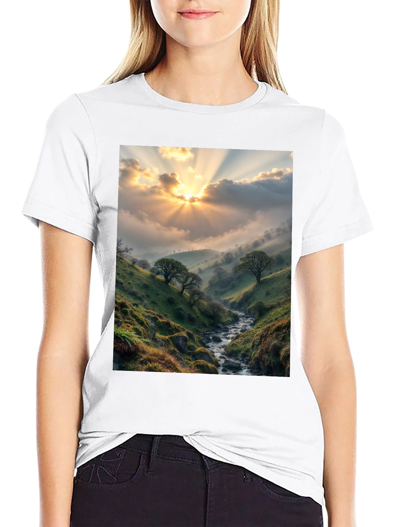 Black Sunlit Valley T-Shirt - Nature Scenery Tee view 9