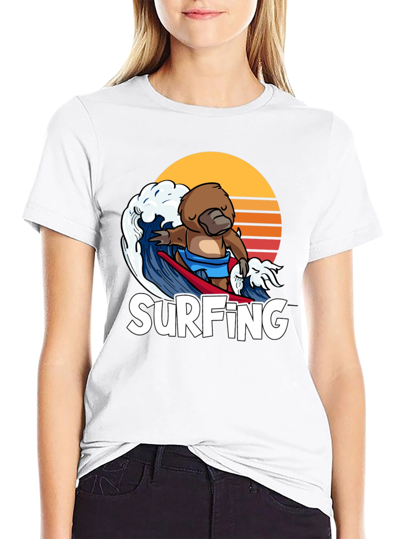 Black Surfing Platypus T-Shirt - Retro Wave Design view 9